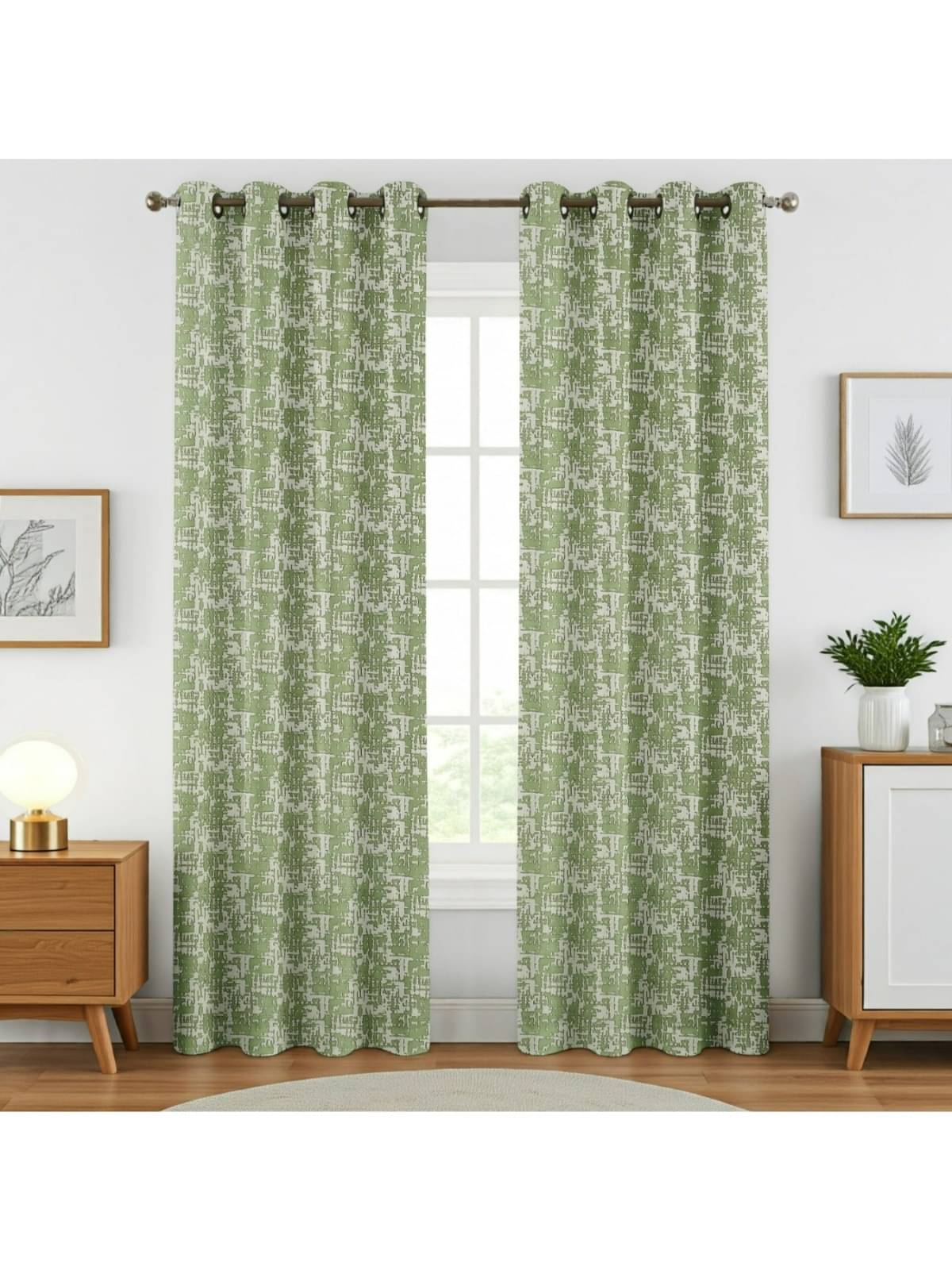 UrbanArts Abstract Printed Room Darkening Eyelet Curtain 7 ft ( Pack of 2 ) - Green UrbanArts Abstract Printed Room Darkening Eyelet Curtain 7 ft ( Pack of 2 ) - Green
