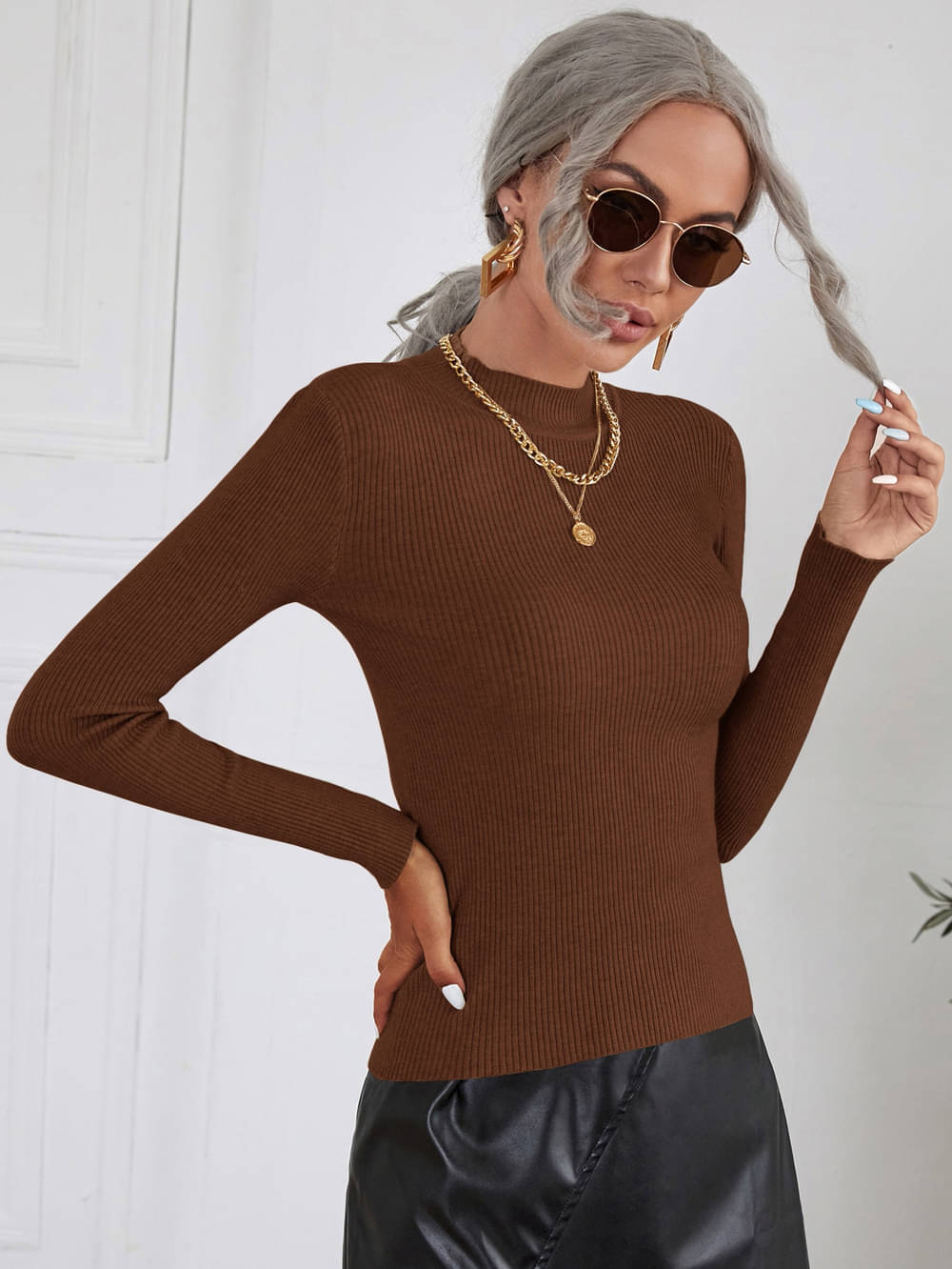     			VIOUR Women Polyester High Neck Sweatshirt For ( Brown )
