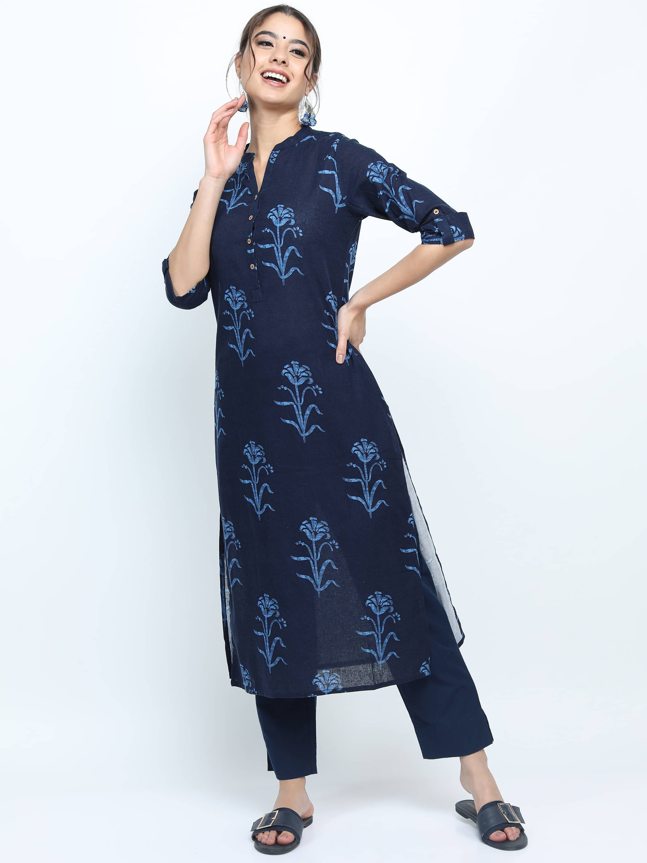 Vishudh Women Cotton Printed Straight Kurti ( Navy Blue ) - Kurtis, Tunics | Buy online on ZillyBuy