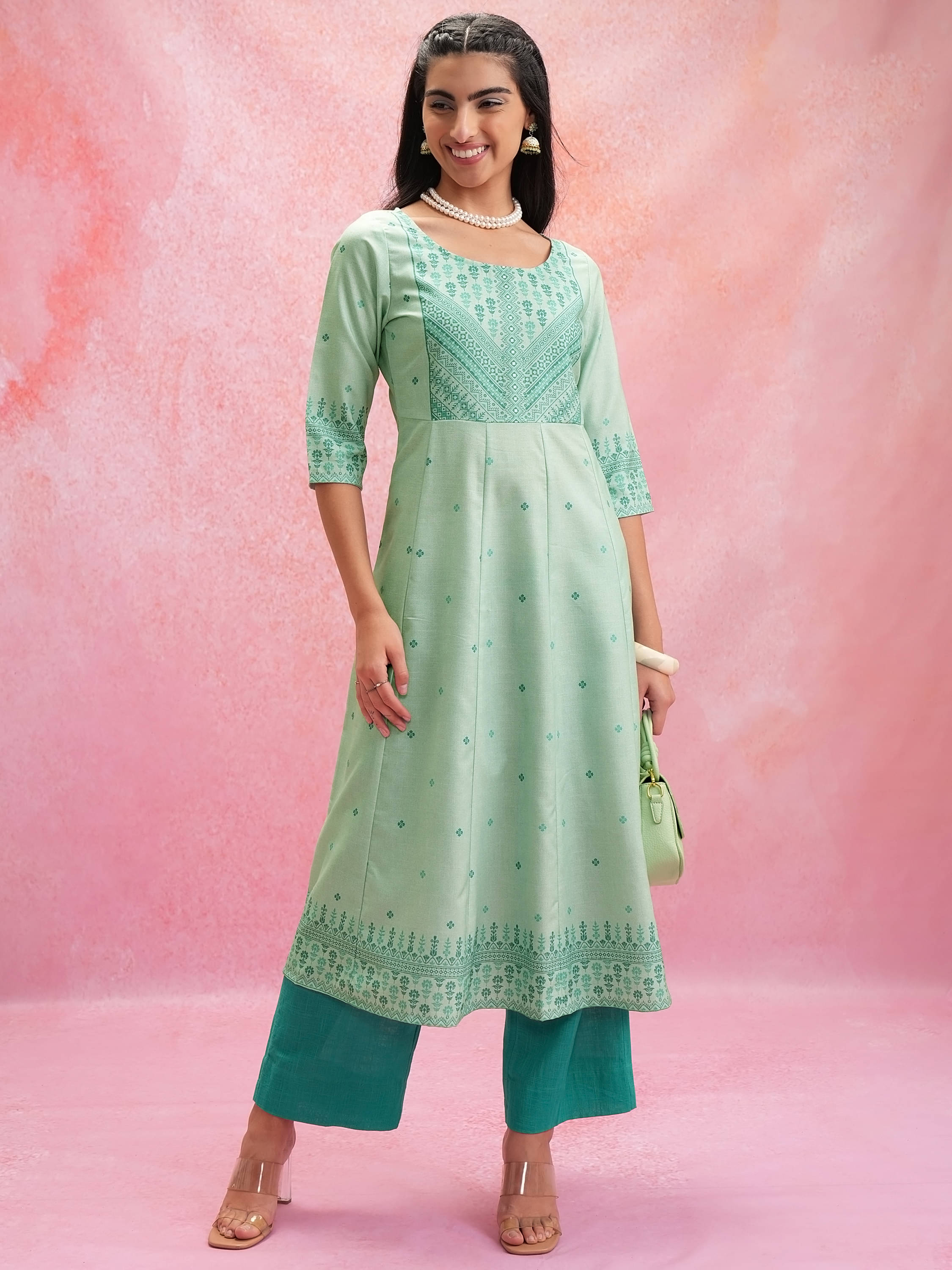 Vishudh Women Polyester Printed Anarkali Kurti ( Green )     			Vishudh Women Polyester Printed Anarkali Kurti ( Green )