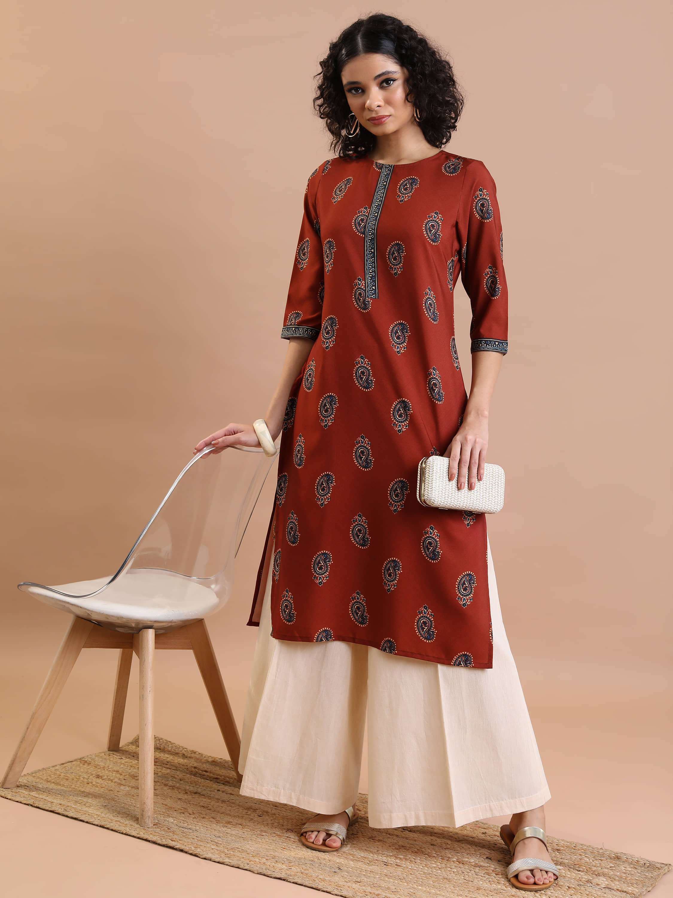 Vishudh Women Polyester Printed Straight Kurti ( Rust ) - Kurtis, Tunics | Buy online on ZillyBuy