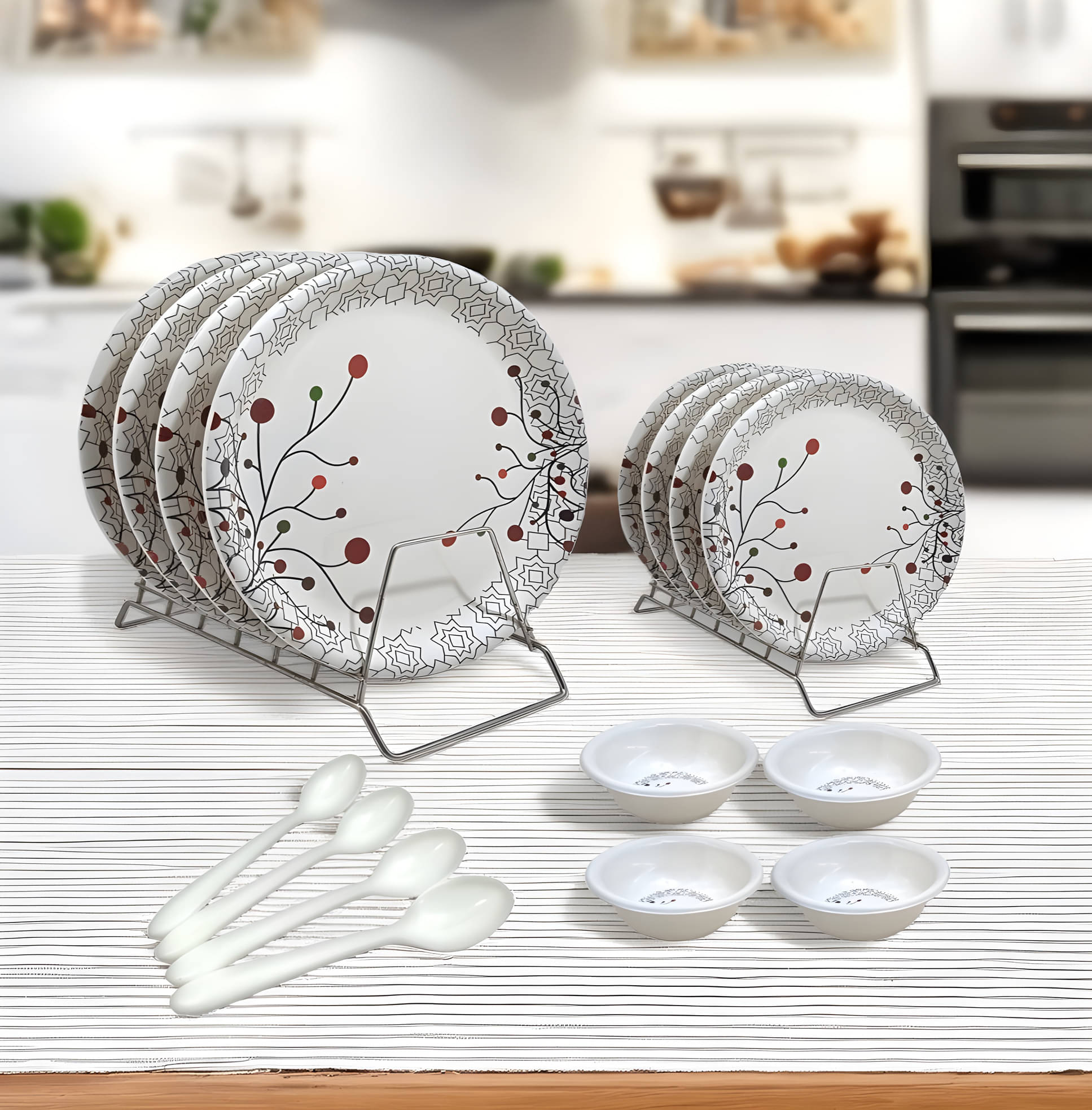     			kitchrox Durable and Lightweight Printed Melamine Dinner Set ( Pack of 16 ) Multicolor