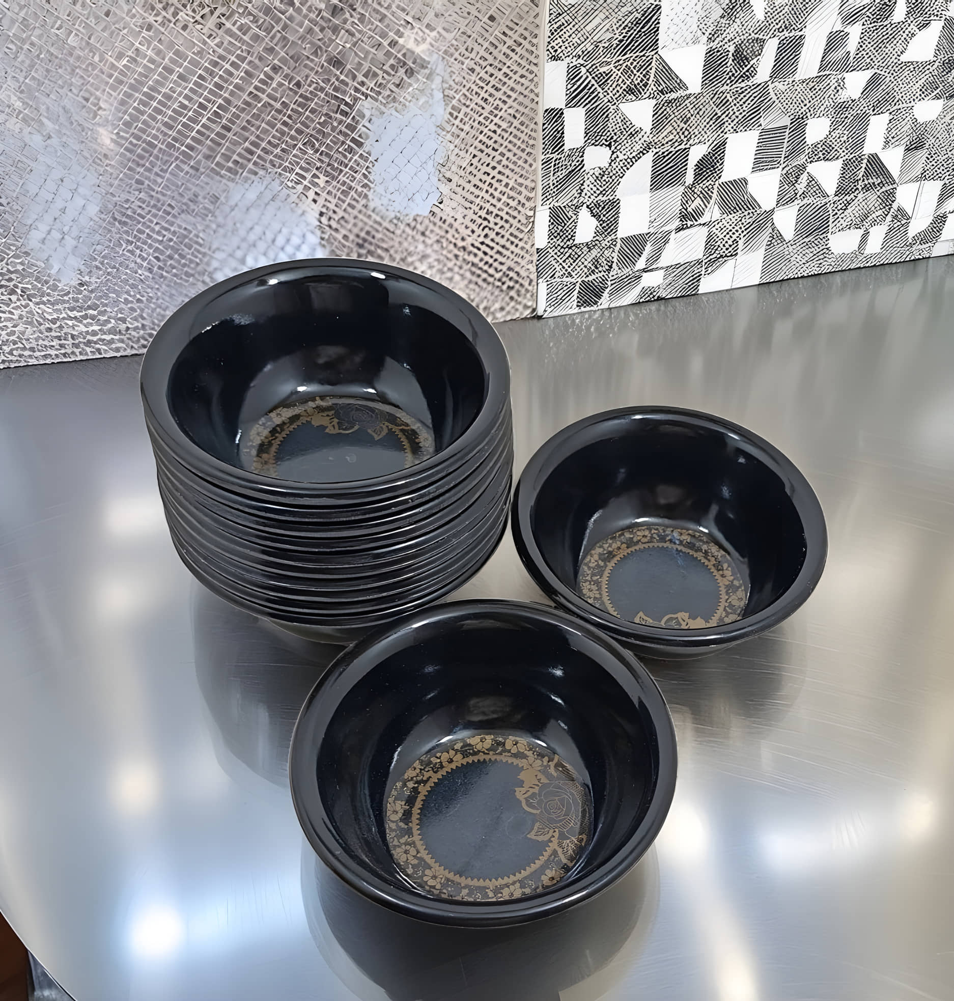 kitchrox Bowls for Kitchen Melamine Printed Vegetable Bowl 10 cm ( Set of 12 ) Black