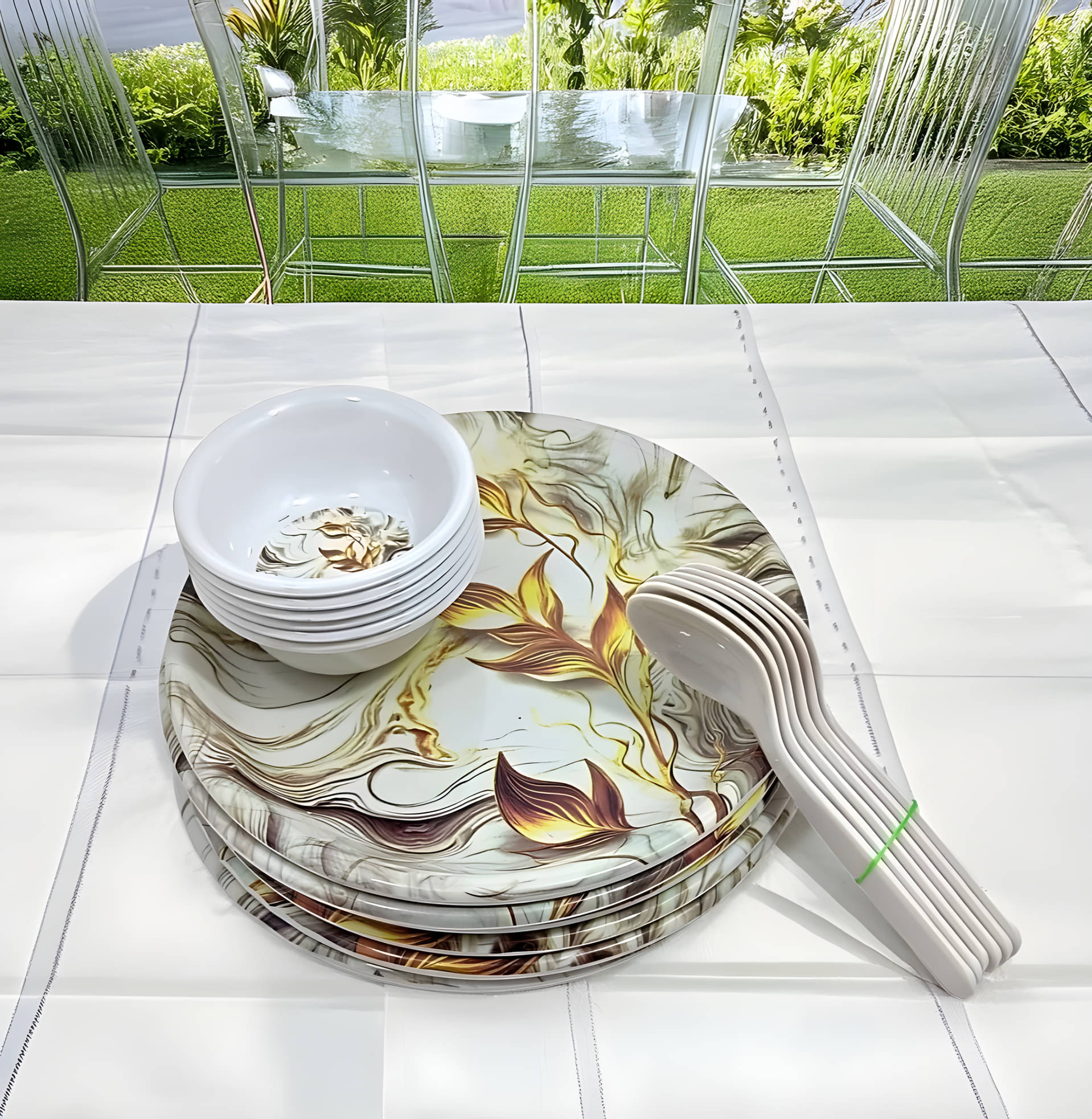 kitchrox Round and Stylish Printed Melamine Dinner Set ( Pack of 18 ) Multicolor kitchrox Round and Stylish Printed Melamine Dinner Set ( Pack of 18 ) Multicolor