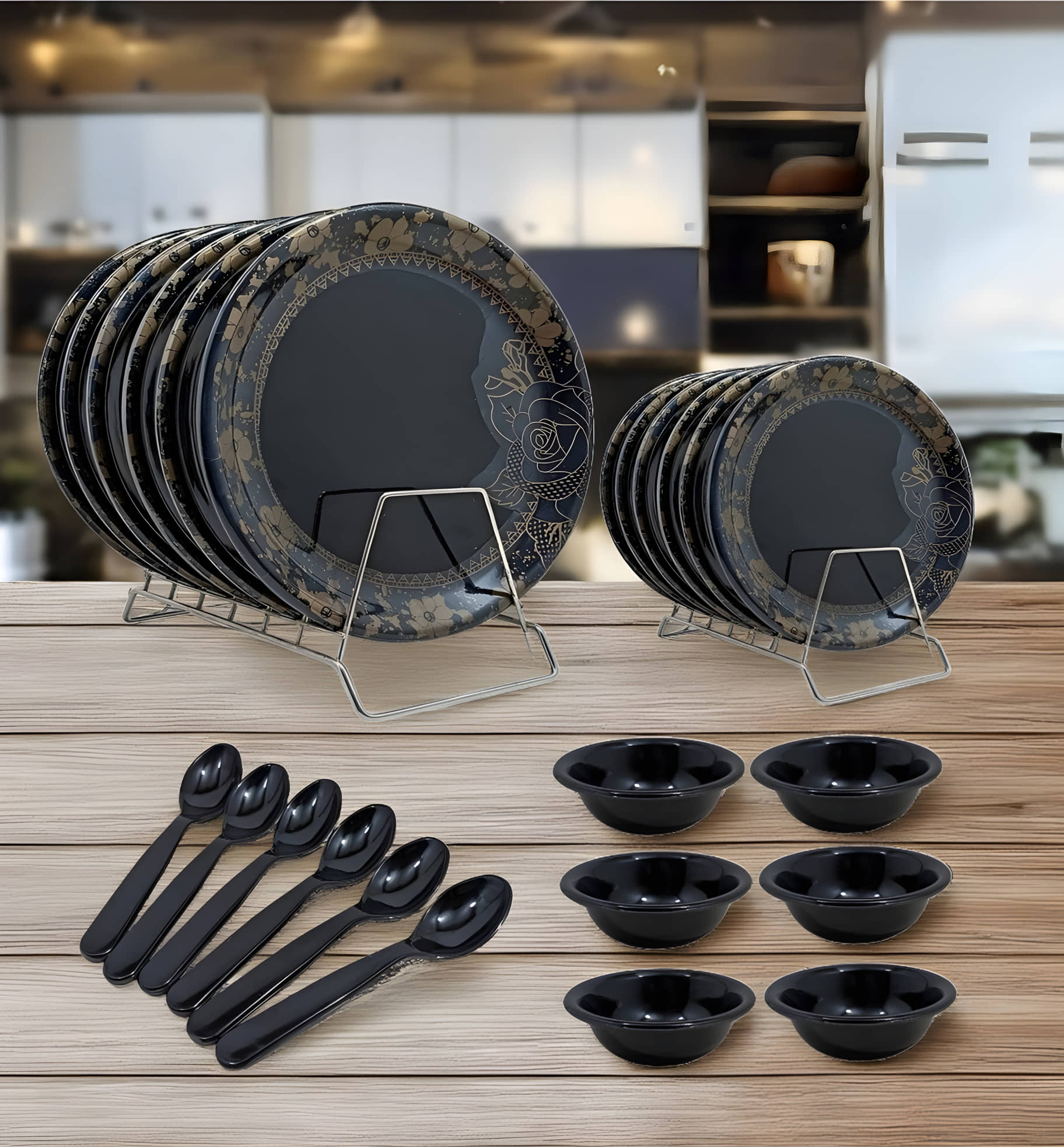kitchrox Tableware Round Printed Melamine Dinner Set ( Pack of 24 ) Black