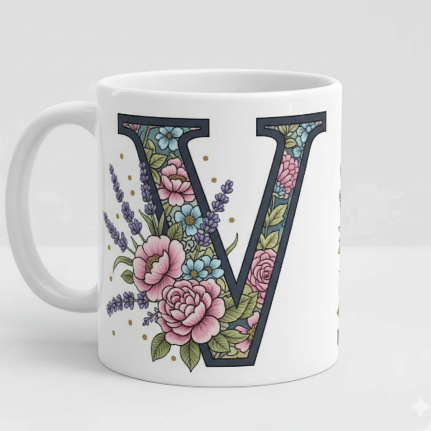     			maddock corp Alphabet Printed V Floral Ceramic Coffee Mug 350 mL ( Pack of 1 )