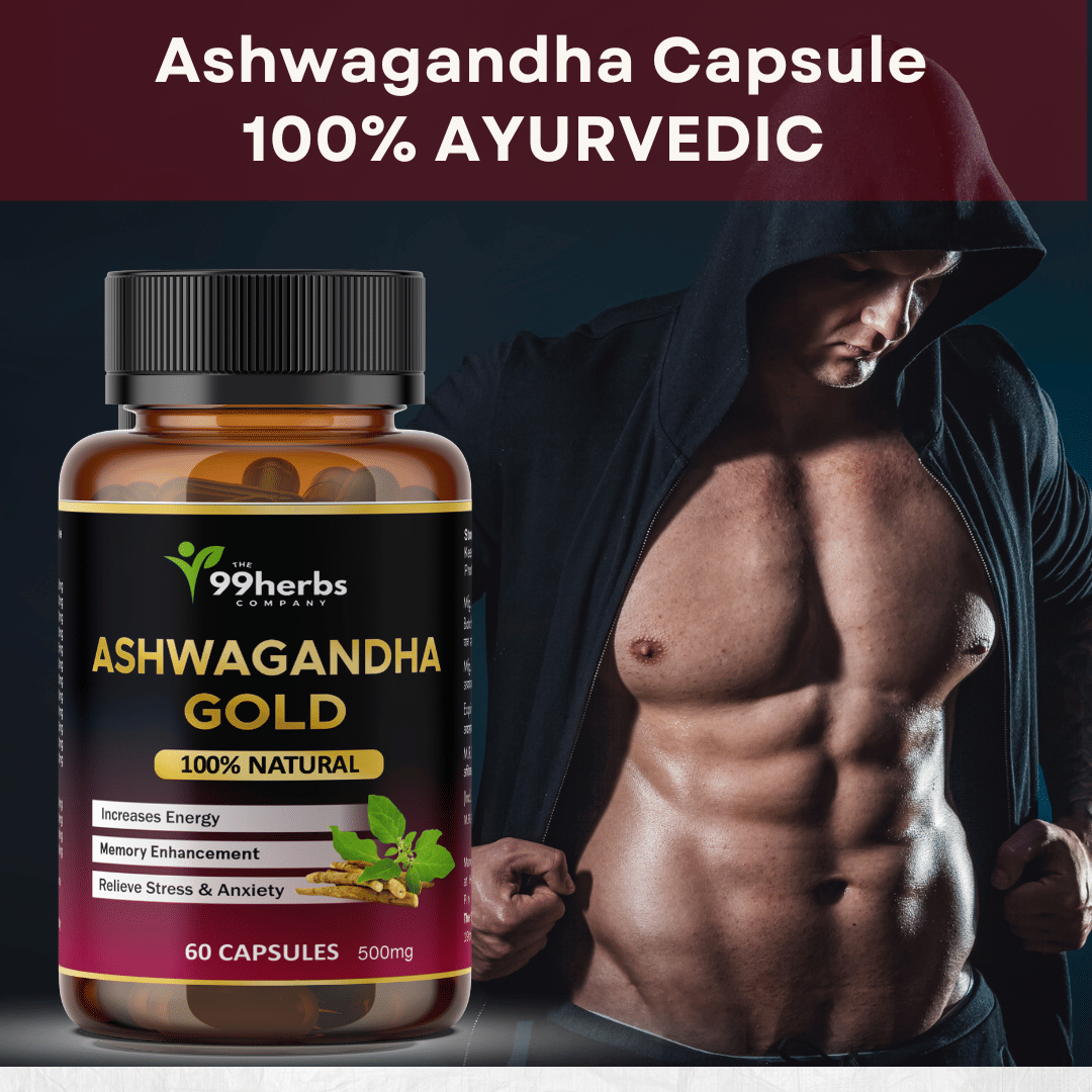 99Herbs Ashwagandha Gold Capsules – 100% Ayurvedic Herbal Supplement for Energy, Strength, Stress Relief & Memory Support – 60 Capsules, 500mg     			99Herbs Ashwagandha Gold Capsules – 100% Ayurvedic Herbal Supplement for Energy, Strength, Stress Relief & Memory Support – 60 Capsules, 500mg