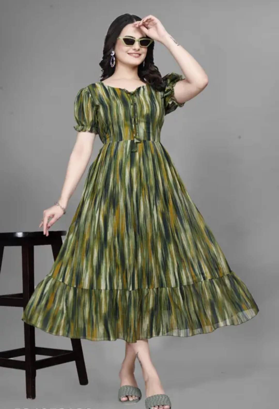 AMAR VSTRA Women Georgette A-line Dress ( Green ) AMAR VSTRA Women Georgette A-line Dress ( Green )