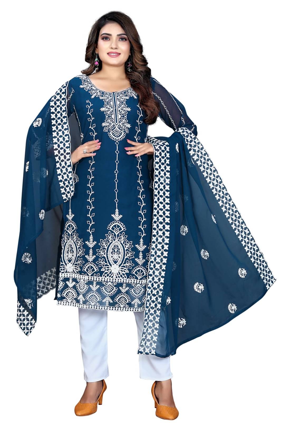     			AMAR VSTRA Women Georgette Embroidered Straight Kurti With Pants ( Blue )