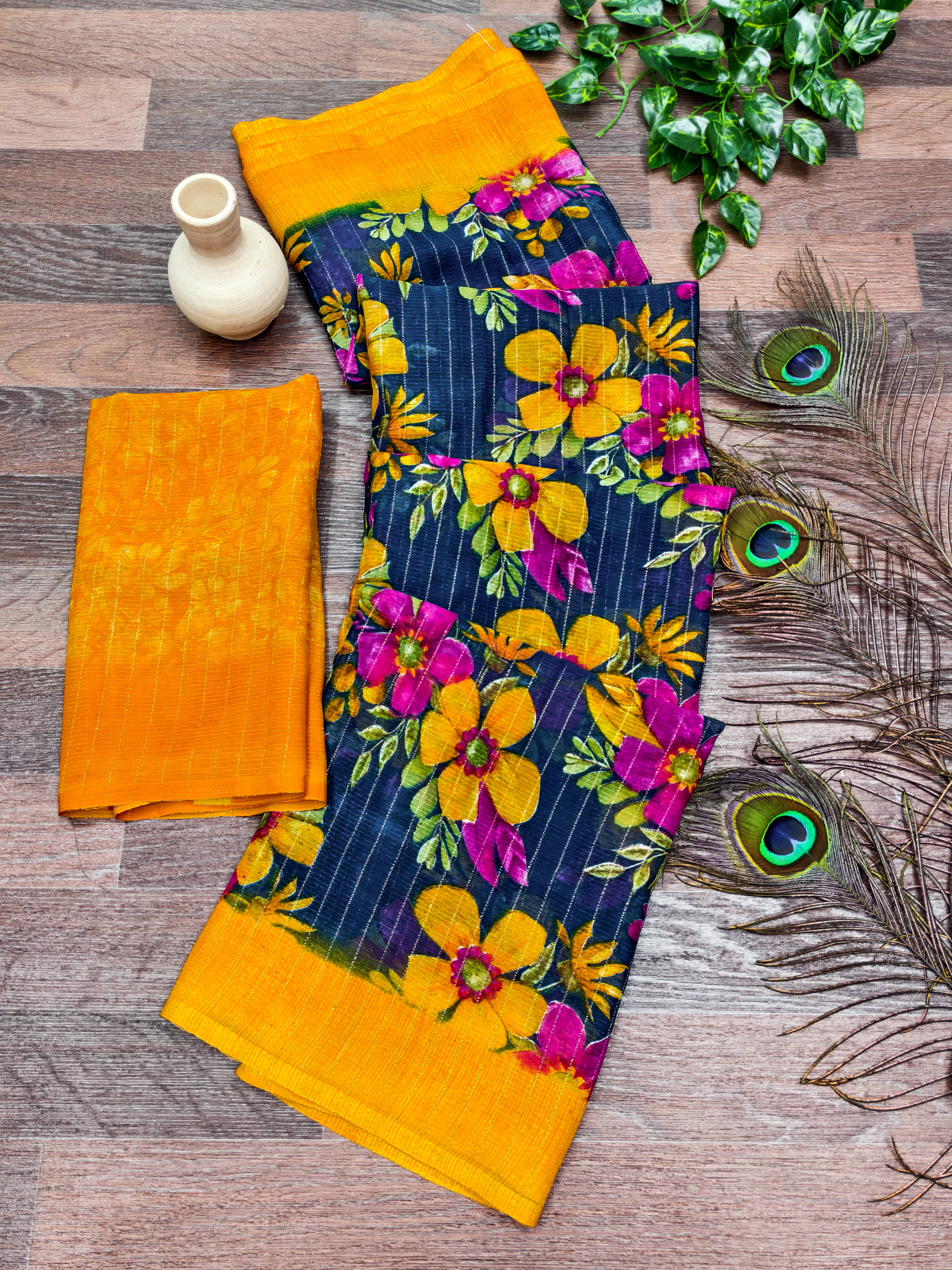     			ANAND SAREES Georgette Printed Kasavu Saree With Unstitched Blouse Piece ( Yellow )