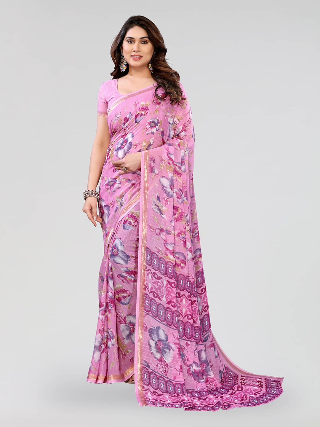 ANAND SAREES Georgette Printed Kasavu Saree With Unstitched Blouse Piece ( Pink )     			ANAND SAREES Georgette Printed Kasavu Saree With Unstitched Blouse Piece ( Pink )