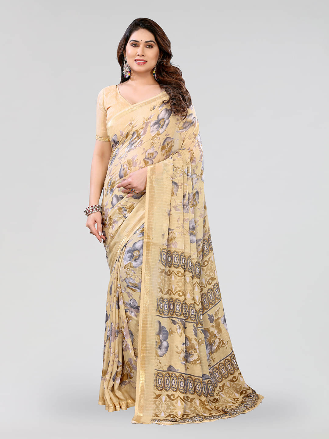 ANAND SAREES Georgette Printed Kasavu Saree With Unstitched Blouse Piece ( Cream )     			ANAND SAREES Georgette Printed Kasavu Saree With Unstitched Blouse Piece ( Cream )