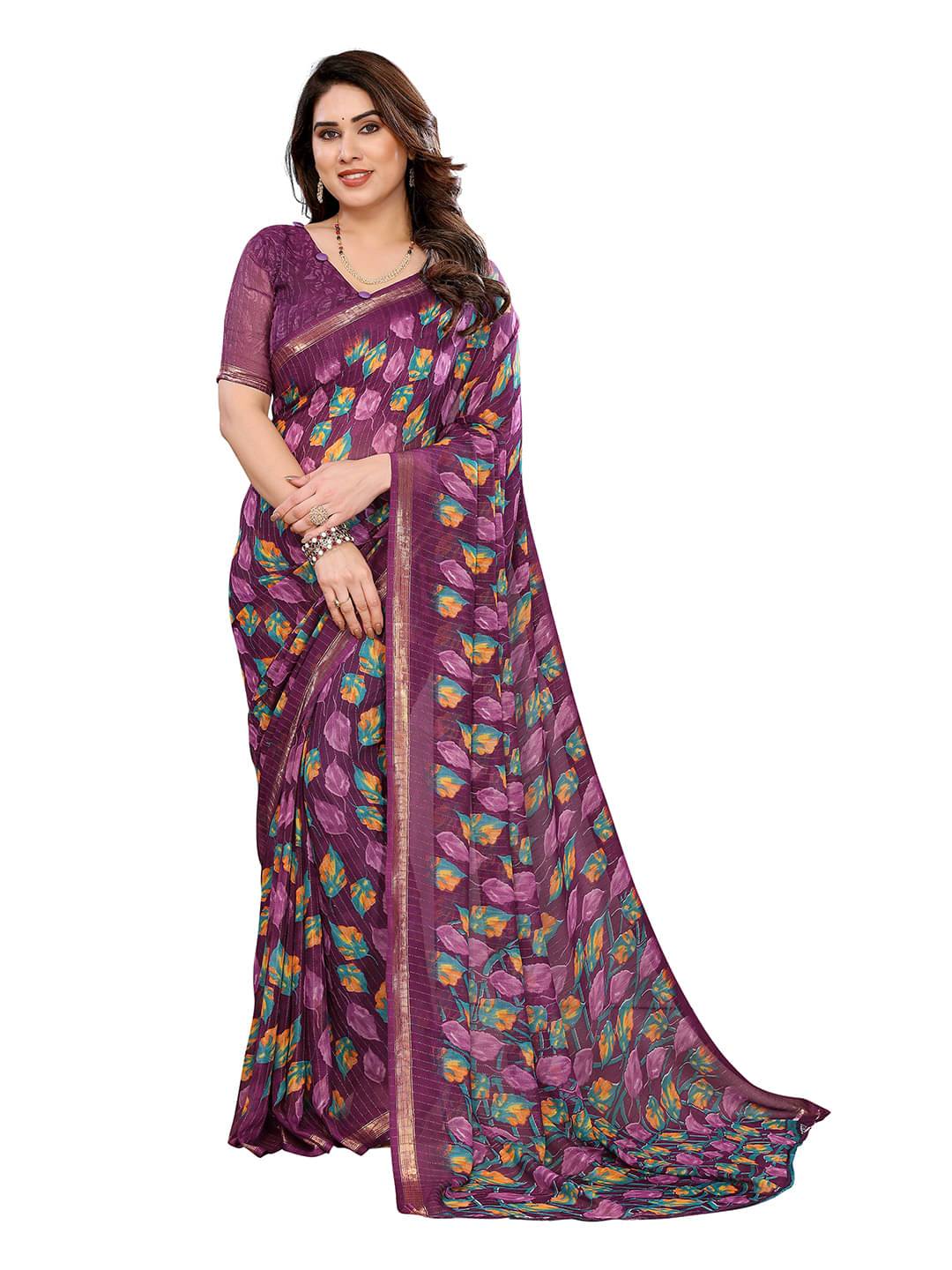     			ANAND SAREES Georgette Printed Kasavu Saree With Unstitched Blouse Piece ( Wine )