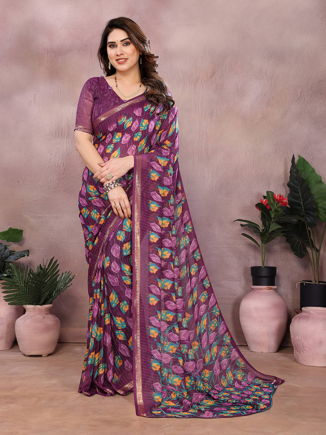 ANAND SAREES Georgette Printed Kasavu Saree With Unstitched Blouse Piece ( Wine ) ANAND SAREES Georgette Printed Kasavu Saree With Unstitched Blouse Piece ( Wine )