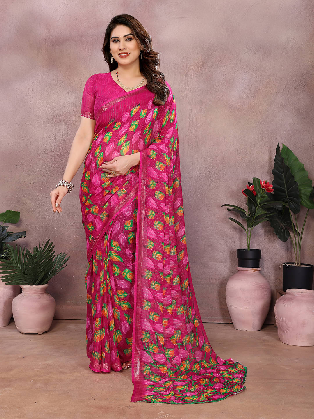 ANAND SAREES Georgette Printed Kasavu Saree With Unstitched Blouse Piece ( Pink ) ANAND SAREES Georgette Printed Kasavu Saree With Unstitched Blouse Piece ( Pink )