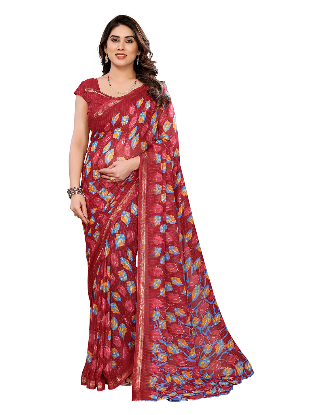ANAND SAREES Georgette Printed Kasavu Saree With Unstitched Blouse Piece ( Red ) ANAND SAREES Georgette Printed Kasavu Saree With Unstitched Blouse Piece ( Red )