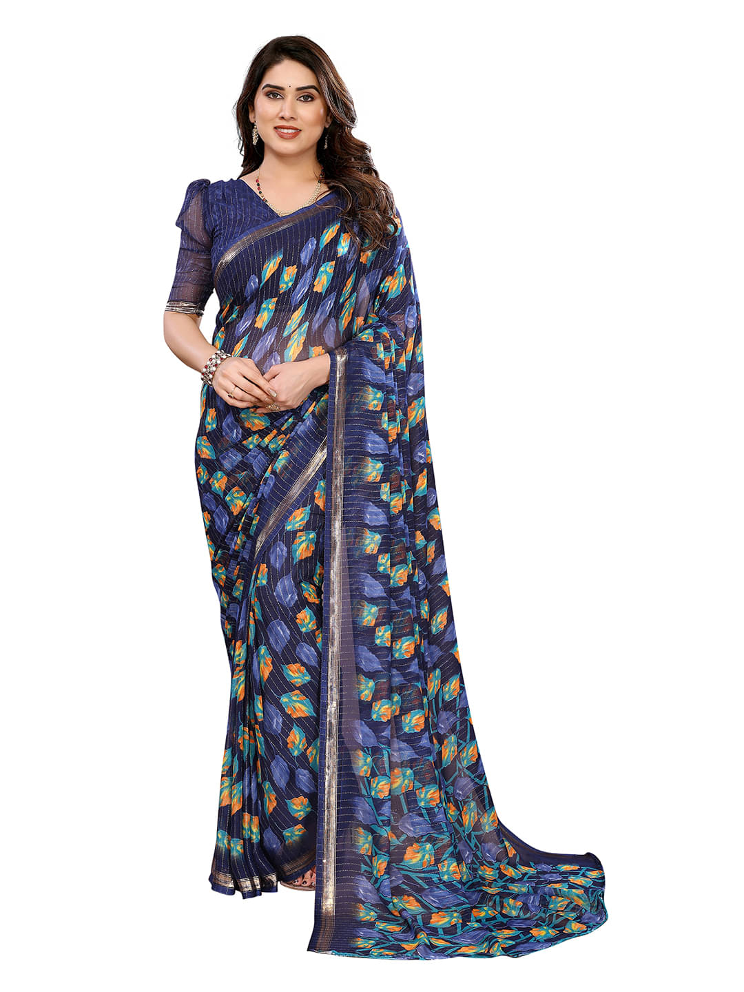 ANAND SAREES Georgette Printed Kasavu Saree With Unstitched Blouse Piece ( Navy Blue )     			ANAND SAREES Georgette Printed Kasavu Saree With Unstitched Blouse Piece ( Navy Blue )