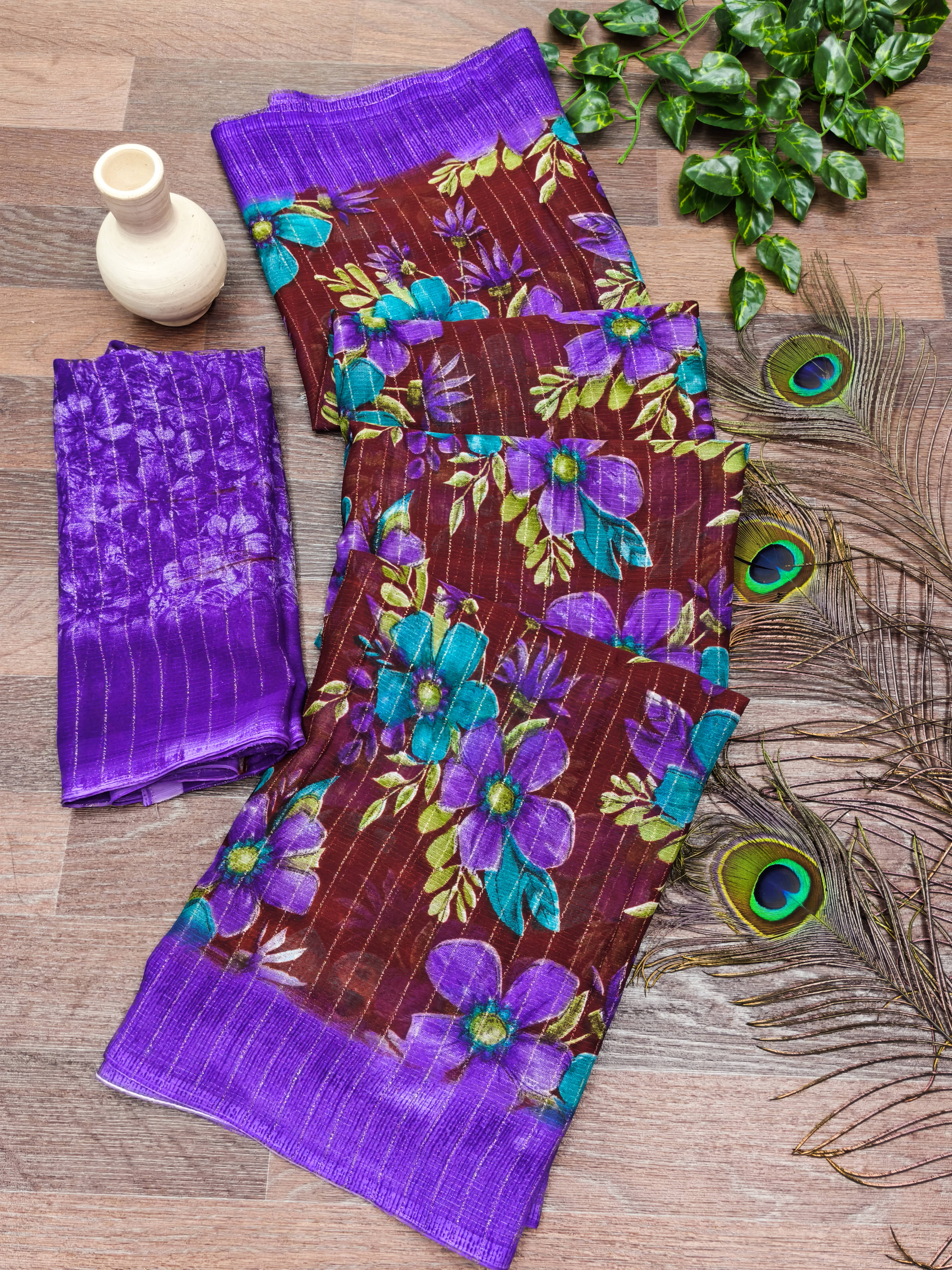ANAND SAREES Georgette Printed Kasavu Saree With Unstitched Blouse Piece ( Purple )     			ANAND SAREES Georgette Printed Kasavu Saree With Unstitched Blouse Piece ( Purple )