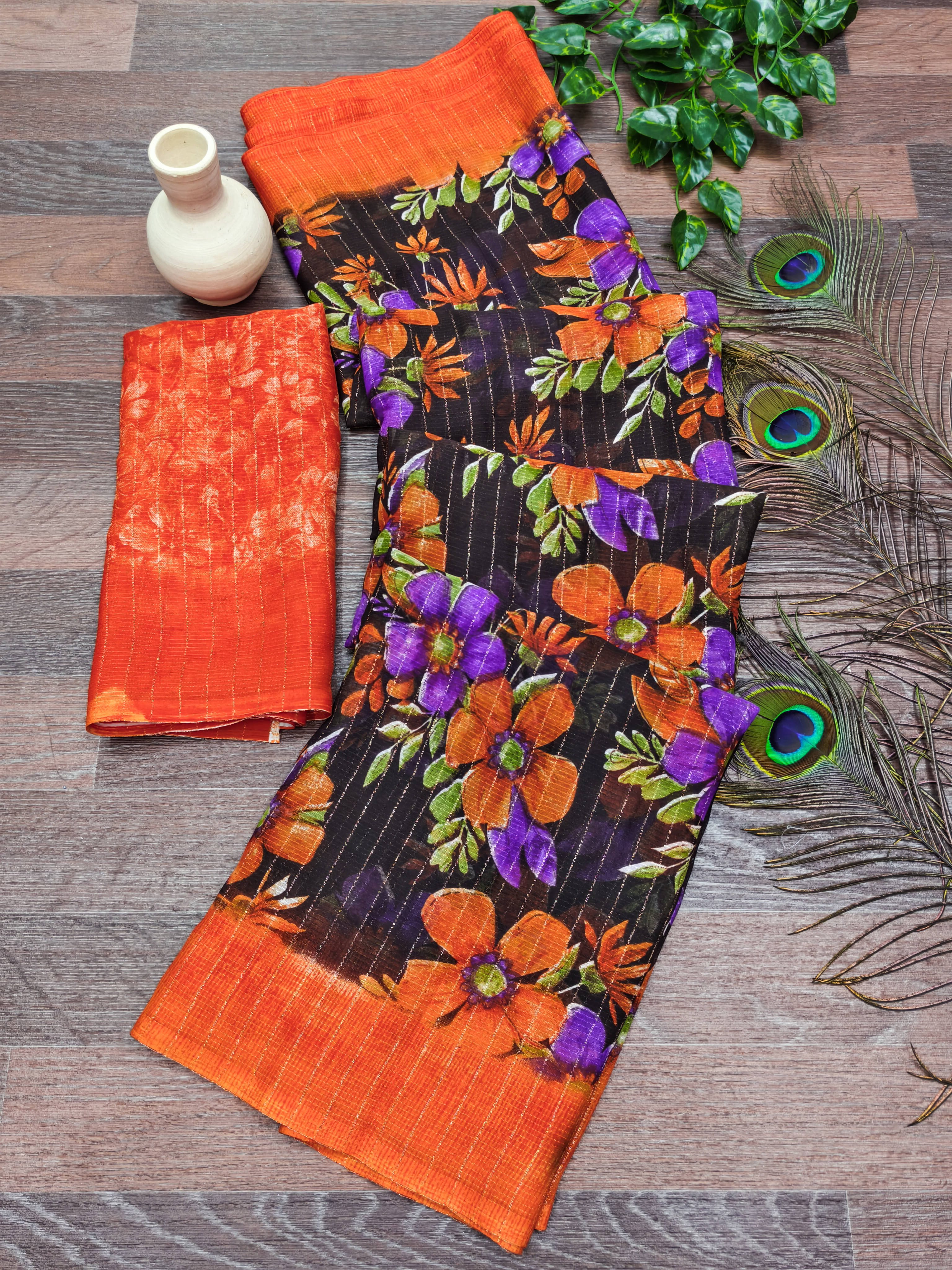 ANAND SAREES Georgette Printed Kasavu Saree With Unstitched Blouse Piece ( Orange ) ANAND SAREES Georgette Printed Kasavu Saree With Unstitched Blouse Piece ( Orange )