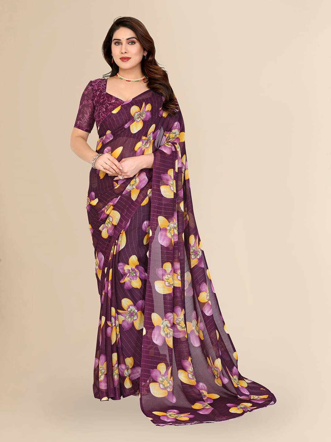     			ANAND SAREES Georgette Printed Kasavu Saree With Unstitched Blouse Piece ( Wine )