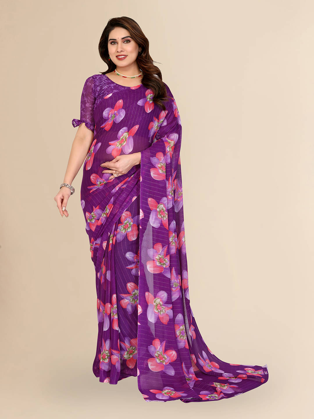 ANAND SAREES Georgette Printed Kasavu Saree With Unstitched Blouse Piece ( Purple ) ANAND SAREES Georgette Printed Kasavu Saree With Unstitched Blouse Piece ( Purple )