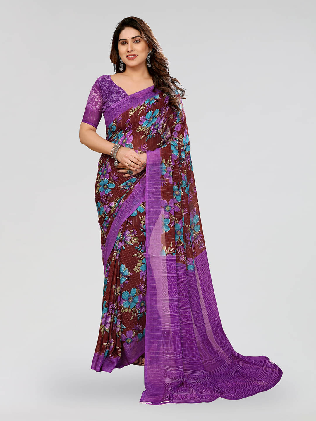 ANAND SAREES Georgette Printed Kasavu Saree With Unstitched Blouse Piece ( Purple ) ANAND SAREES Georgette Printed Kasavu Saree With Unstitched Blouse Piece ( Purple )