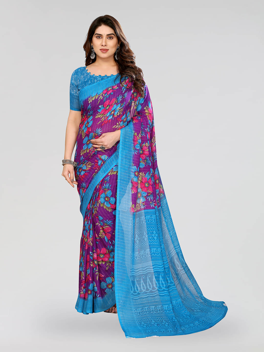     			ANAND SAREES Georgette Printed Kasavu Saree With Unstitched Blouse Piece ( Blue )