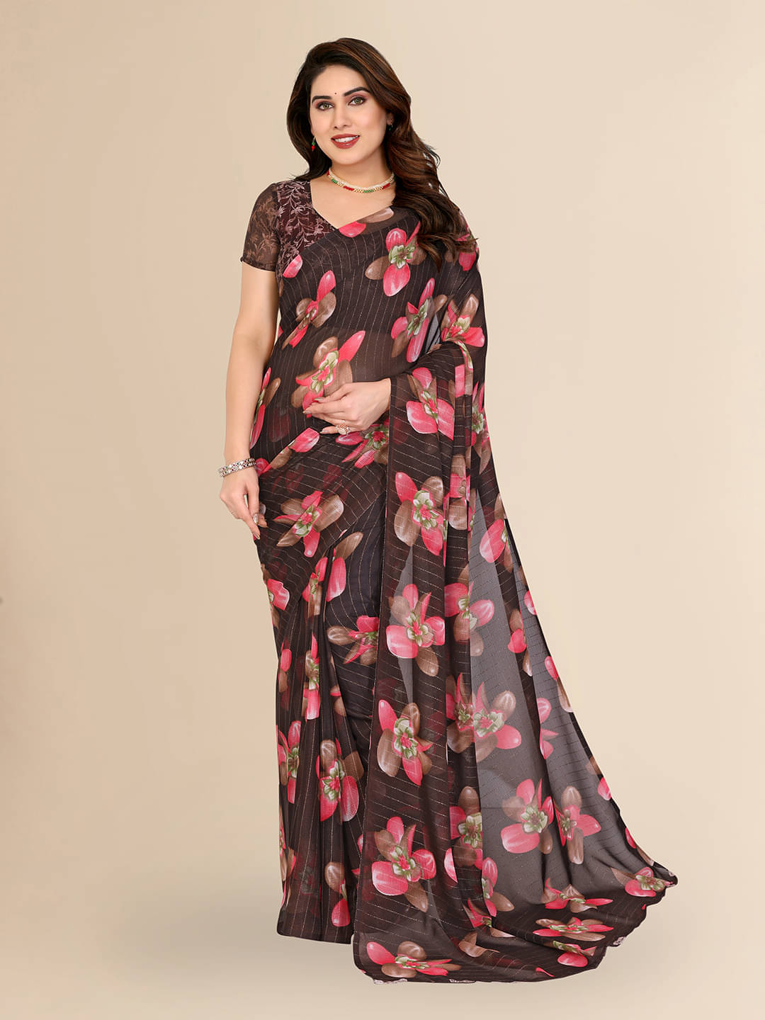     			ANAND SAREES Georgette Printed Kasavu Saree With Unstitched Blouse Piece ( Brown )