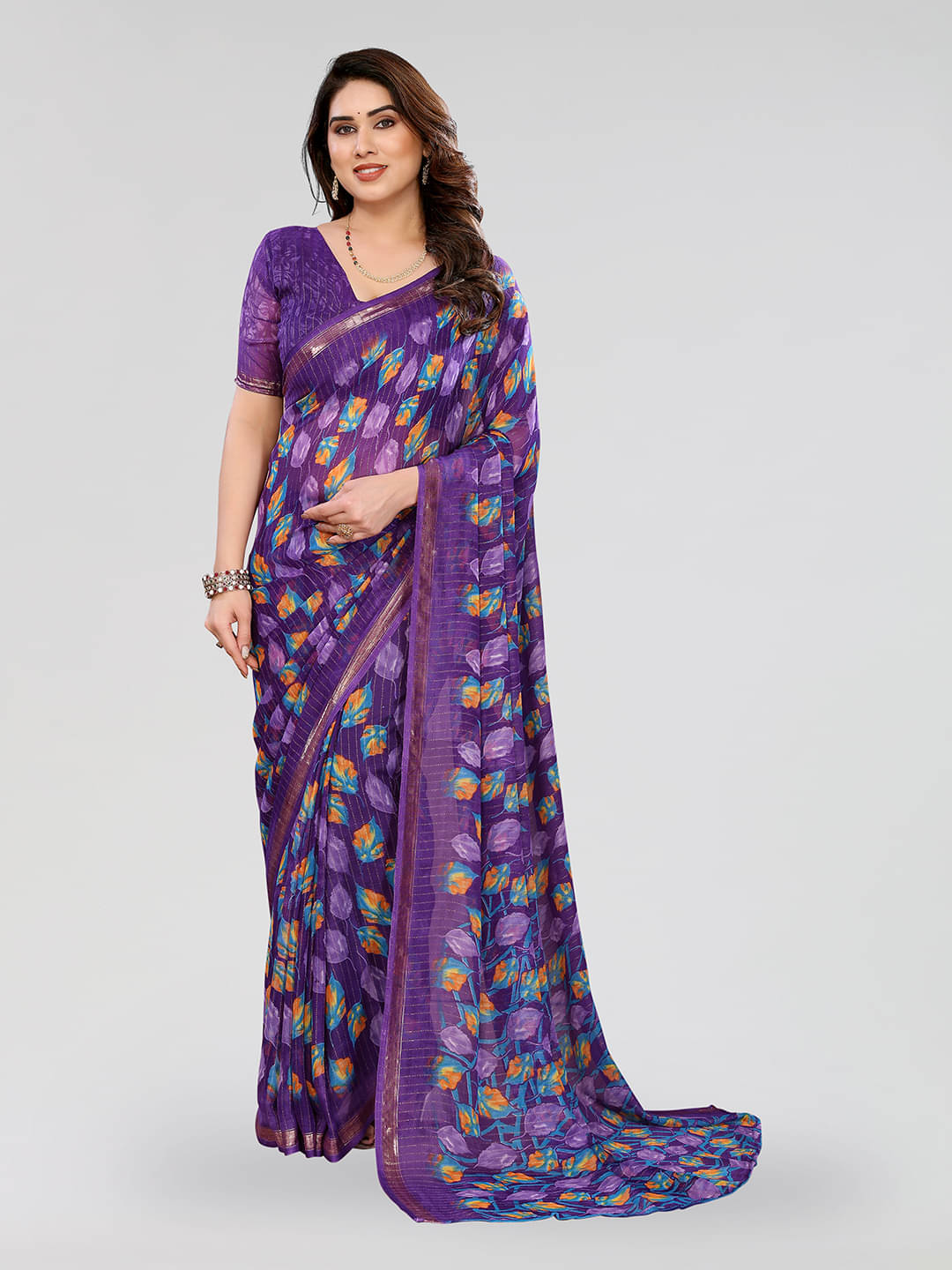 ANAND SAREES Georgette Printed Kasavu Saree With Unstitched Blouse Piece ( Purple )     			ANAND SAREES Georgette Printed Kasavu Saree With Unstitched Blouse Piece ( Purple )