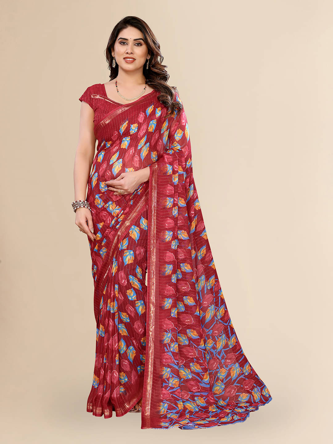     			ANAND SAREES Georgette Printed Kasavu Saree With Unstitched Blouse Piece ( Red )