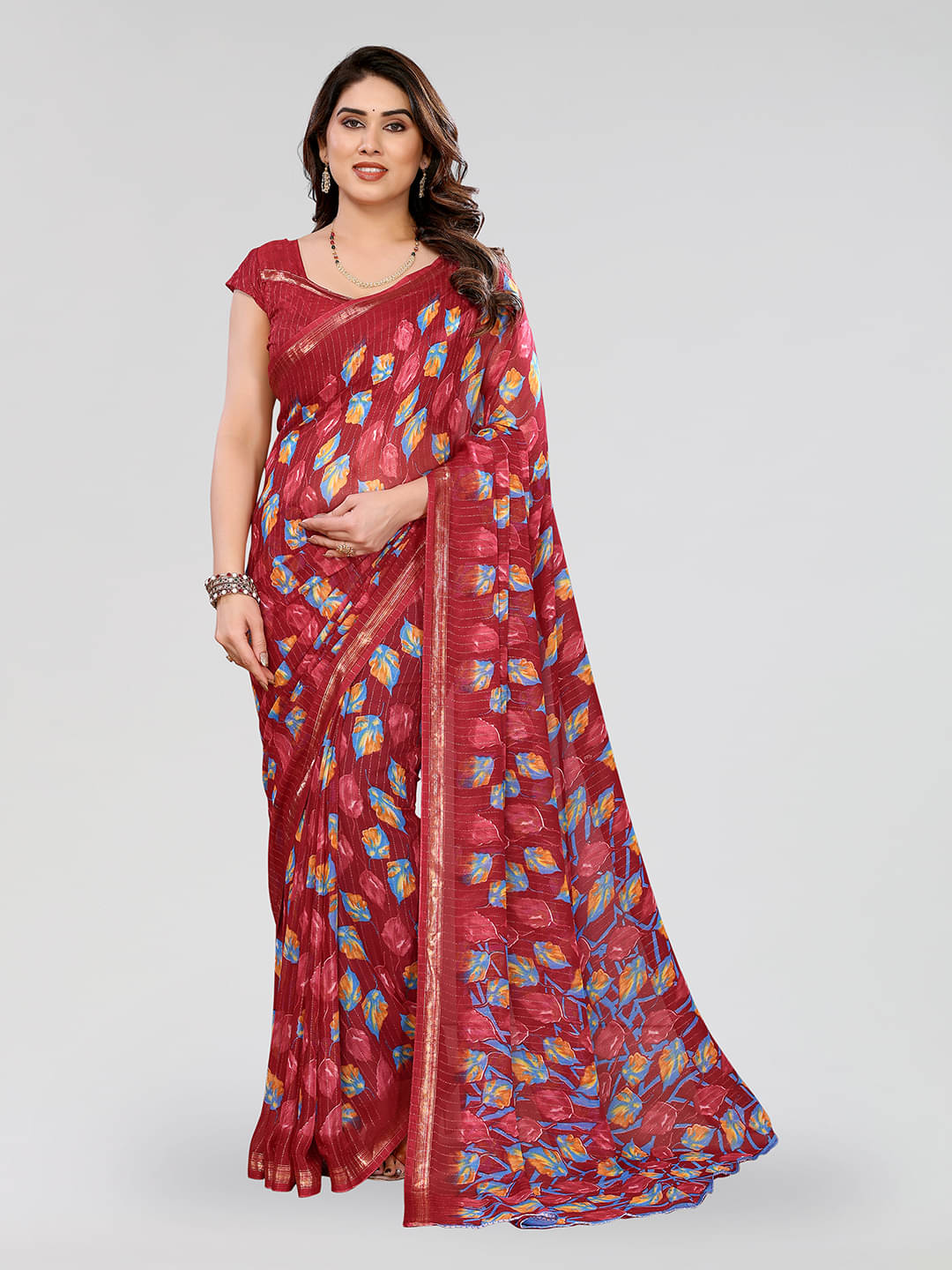     			ANAND SAREES Georgette Printed Kasavu Saree With Unstitched Blouse Piece ( Red )
