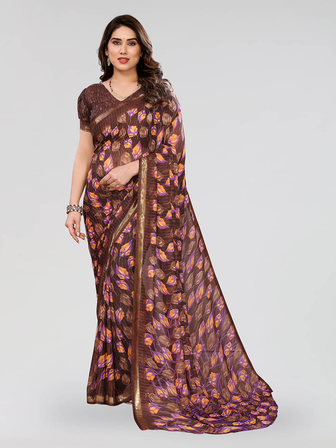 ANAND SAREES Georgette Printed Kasavu Saree With Unstitched Blouse Piece ( Brown ) ANAND SAREES Georgette Printed Kasavu Saree With Unstitched Blouse Piece ( Brown )