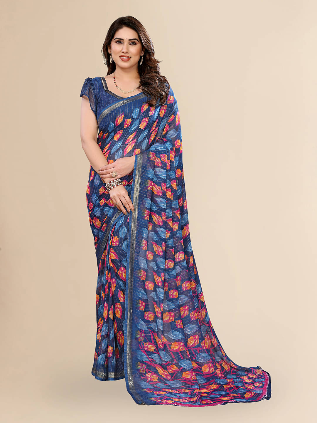     			ANAND SAREES Georgette Printed Kasavu Saree With Unstitched Blouse Piece ( Blue )