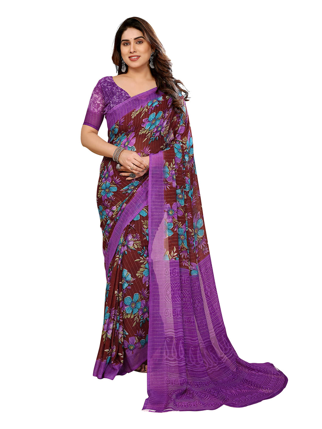     			ANAND SAREES Georgette Printed Kasavu Saree With Unstitched Blouse Piece ( Purple )