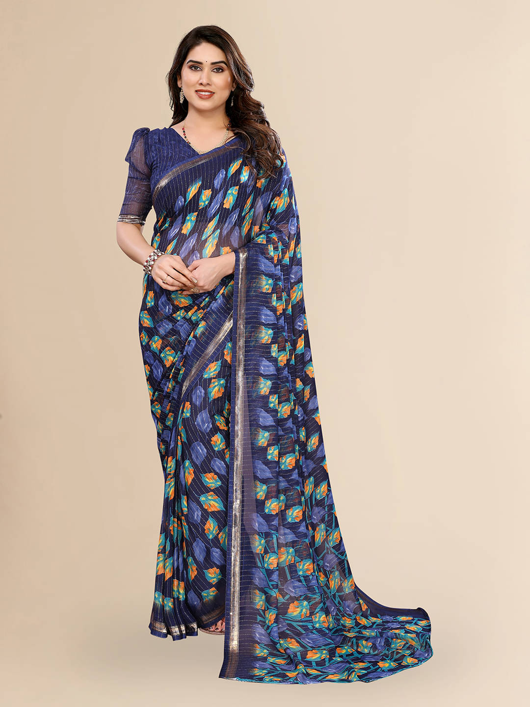     			ANAND SAREES Georgette Printed Kasavu Saree With Unstitched Blouse Piece ( Navy Blue )