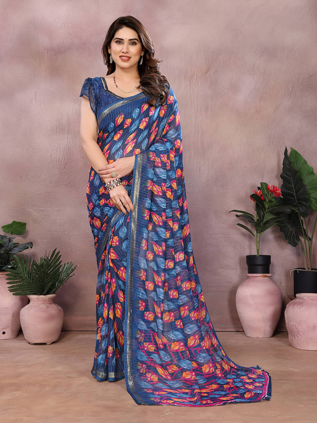     			ANAND SAREES Georgette Printed Kasavu Saree With Unstitched Blouse Piece ( Blue )