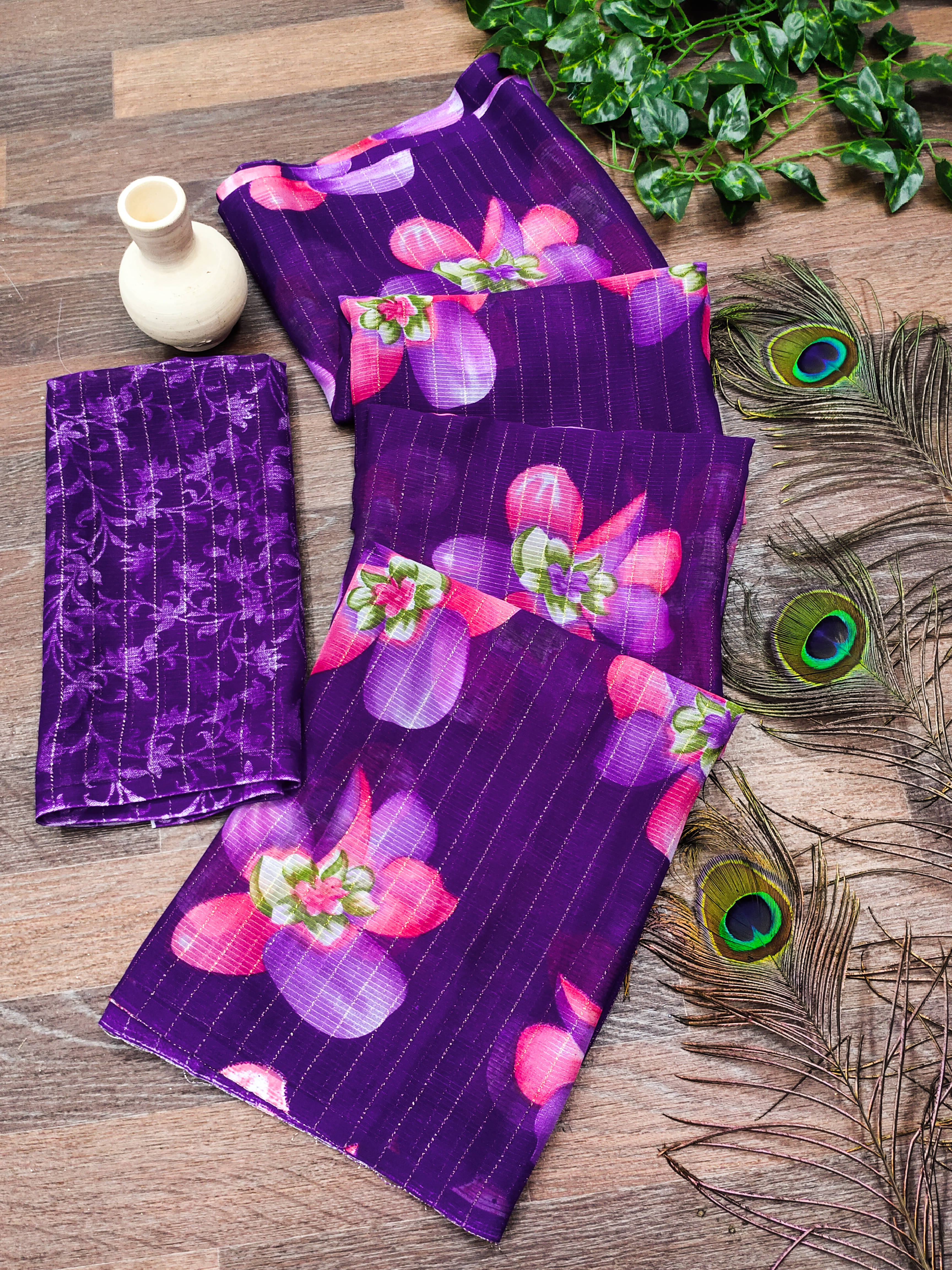 ANAND SAREES Georgette Printed Kasavu Saree With Unstitched Blouse Piece ( Purple ) ANAND SAREES Georgette Printed Kasavu Saree With Unstitched Blouse Piece ( Purple )