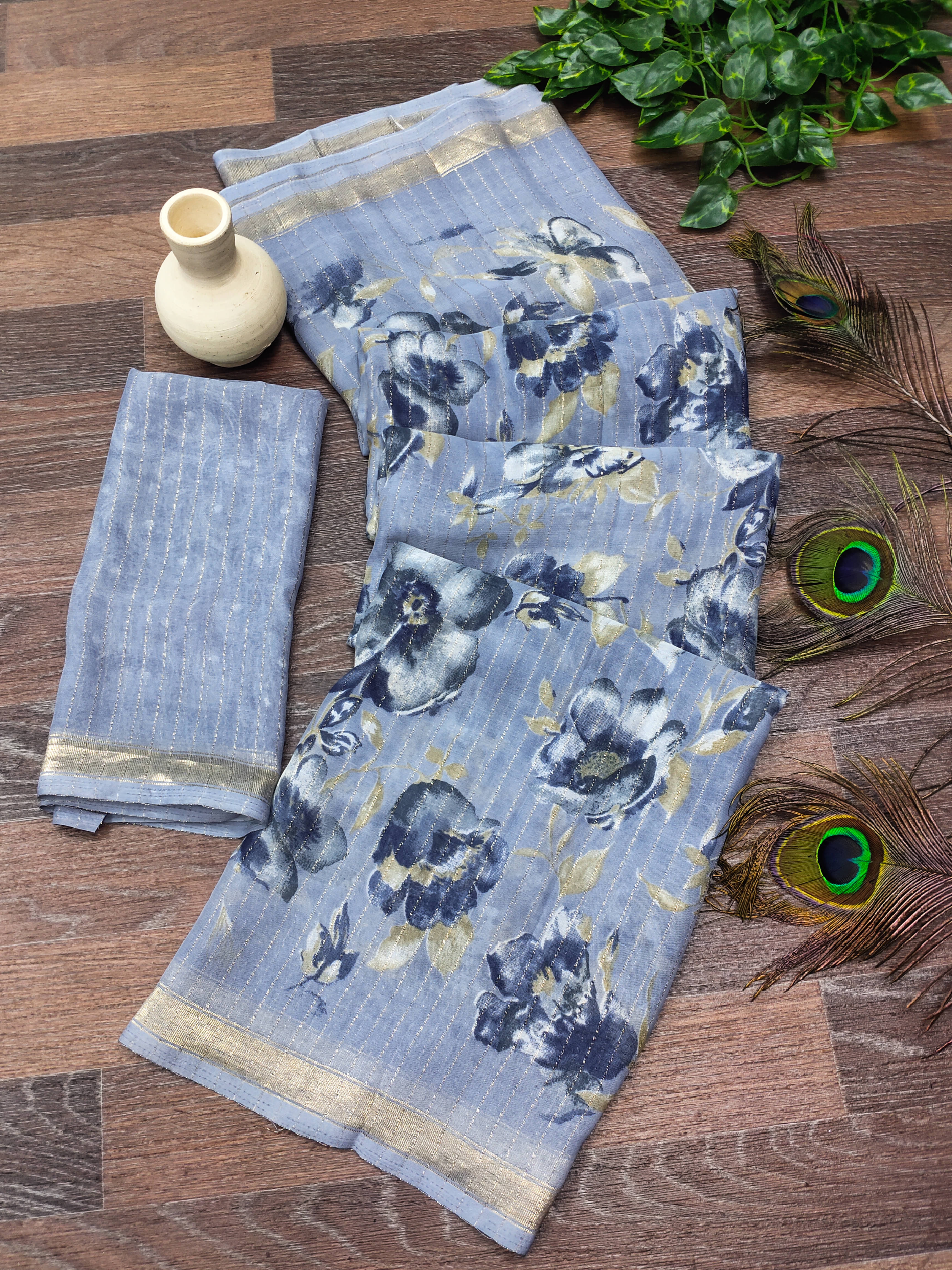 ANAND SAREES Georgette Printed Kasavu Saree With Unstitched Blouse Piece ( Blue )     			ANAND SAREES Georgette Printed Kasavu Saree With Unstitched Blouse Piece ( Blue )