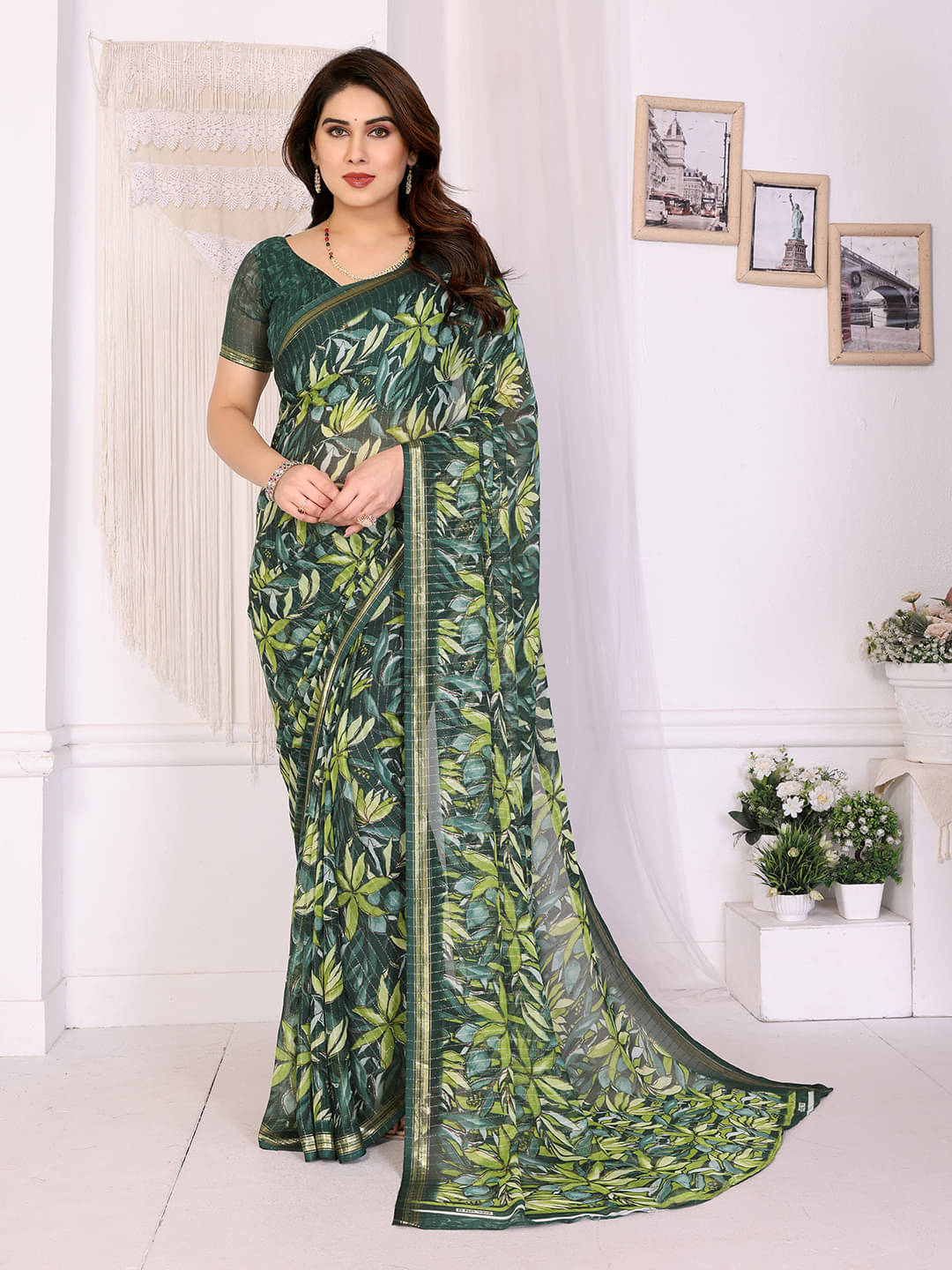     			ANAND SAREES Georgette Printed Kasavu Saree With Unstitched Blouse Piece ( Green )