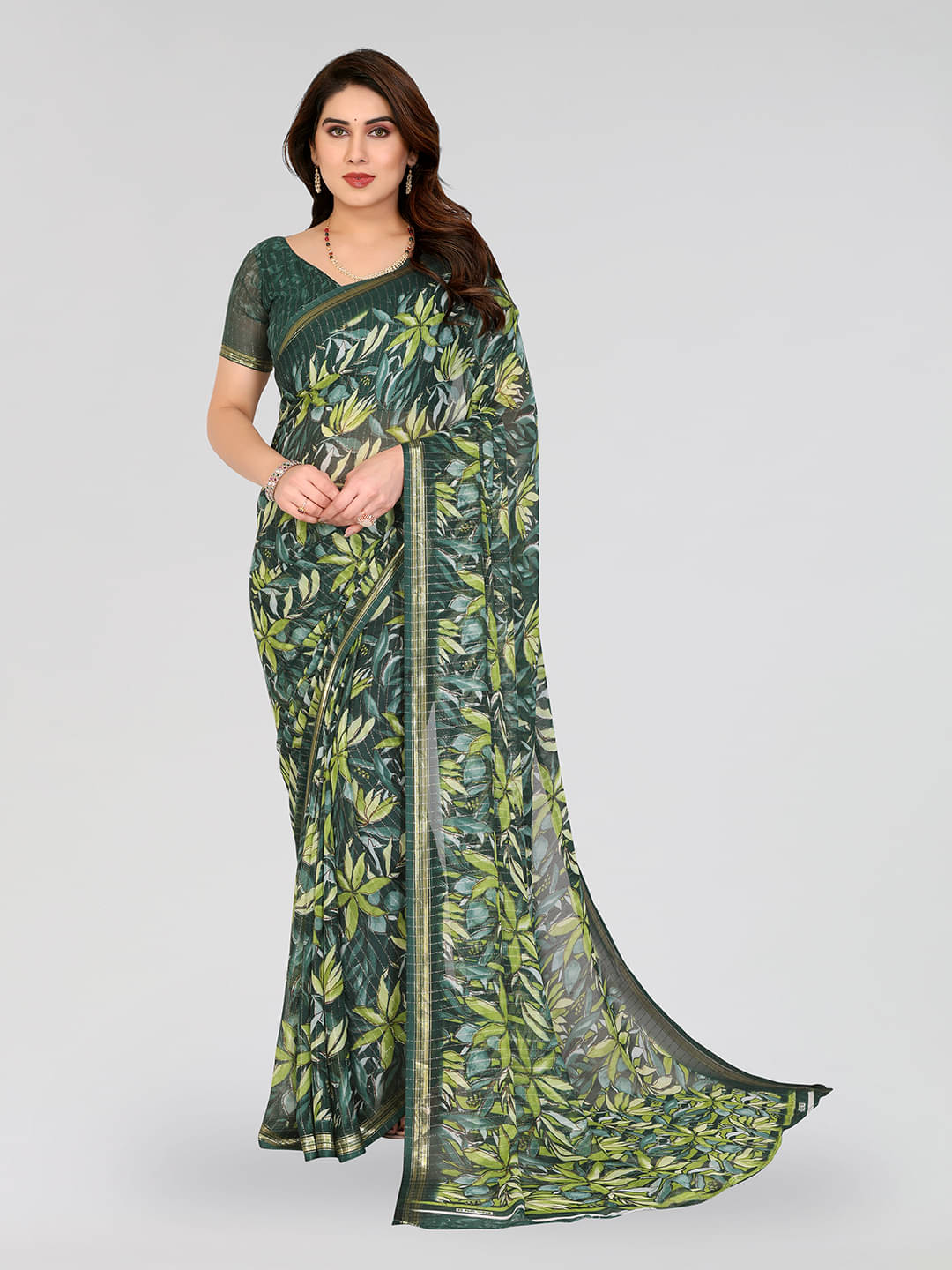     			ANAND SAREES Georgette Printed Kasavu Saree With Unstitched Blouse Piece ( Green )
