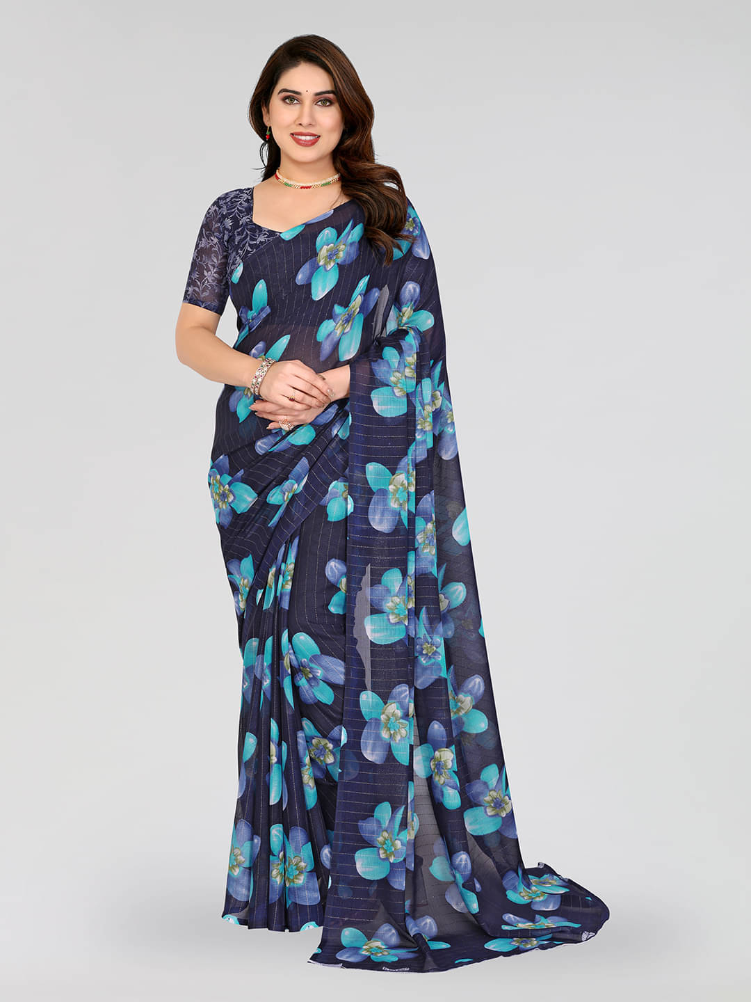     			ANAND SAREES Georgette Printed Kasavu Saree With Unstitched Blouse Piece ( Blue )
