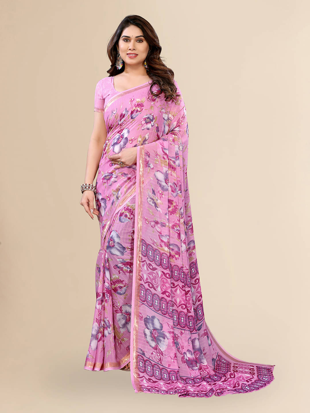 ANAND SAREES Georgette Printed Kasavu Saree With Unstitched Blouse Piece ( Pink ) ANAND SAREES Georgette Printed Kasavu Saree With Unstitched Blouse Piece ( Pink )