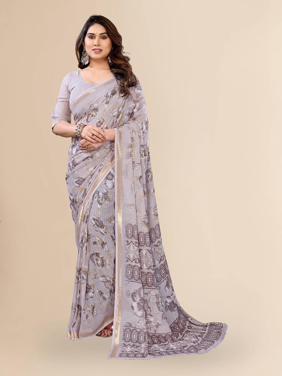     			ANAND SAREES Georgette Printed Kasavu Saree With Unstitched Blouse Piece ( Grey )