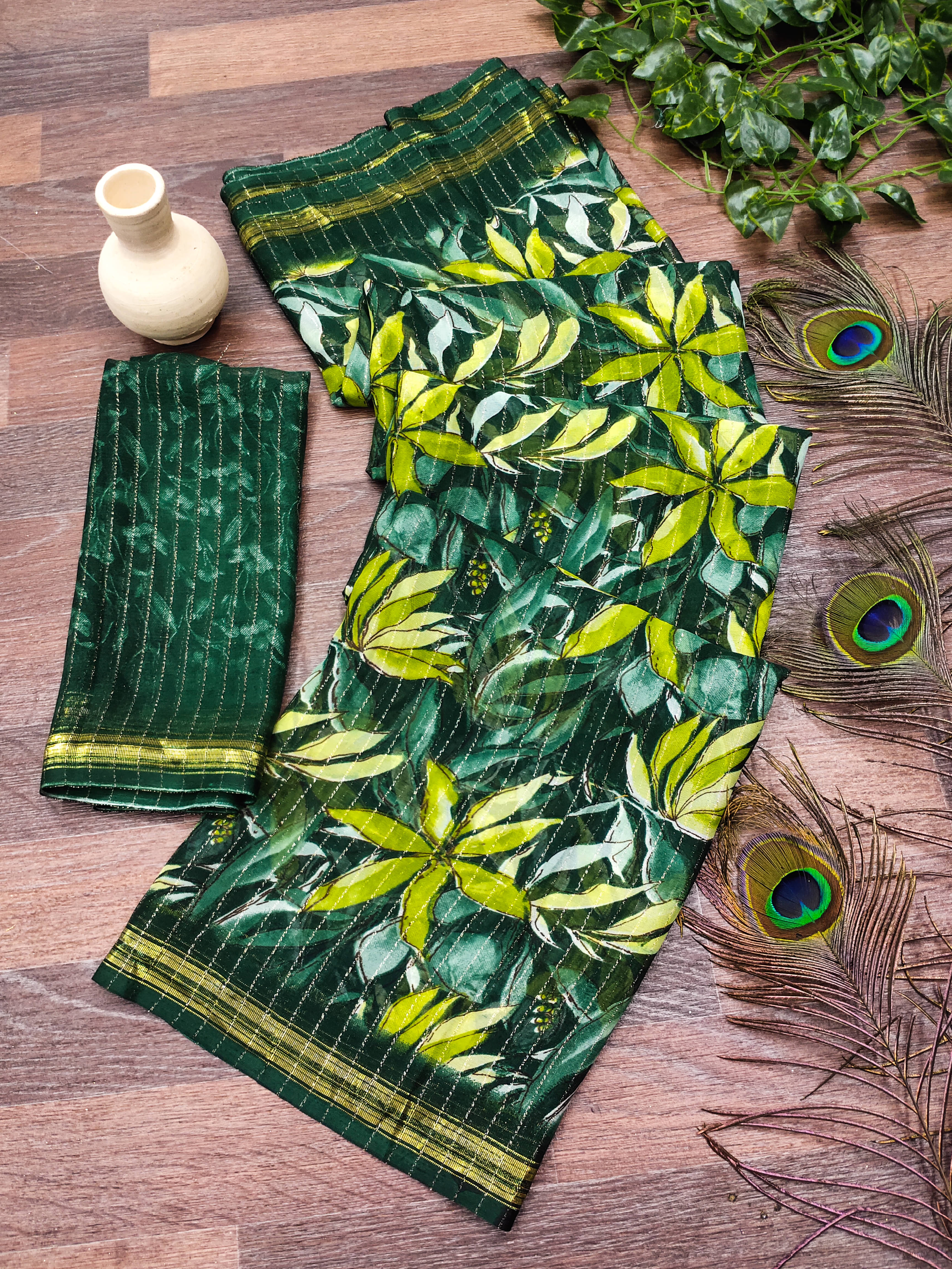     			ANAND SAREES Georgette Printed Kasavu Saree With Unstitched Blouse Piece ( Green )