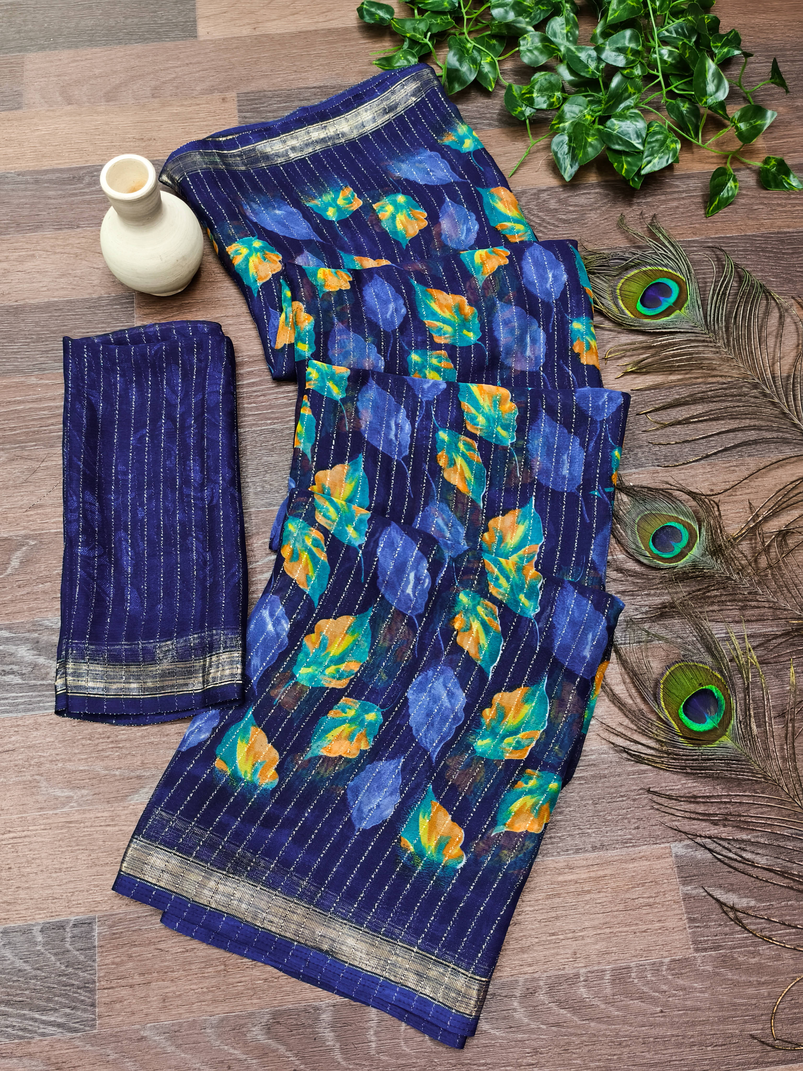    			ANAND SAREES Georgette Printed Kasavu Saree With Unstitched Blouse Piece ( Navy Blue )