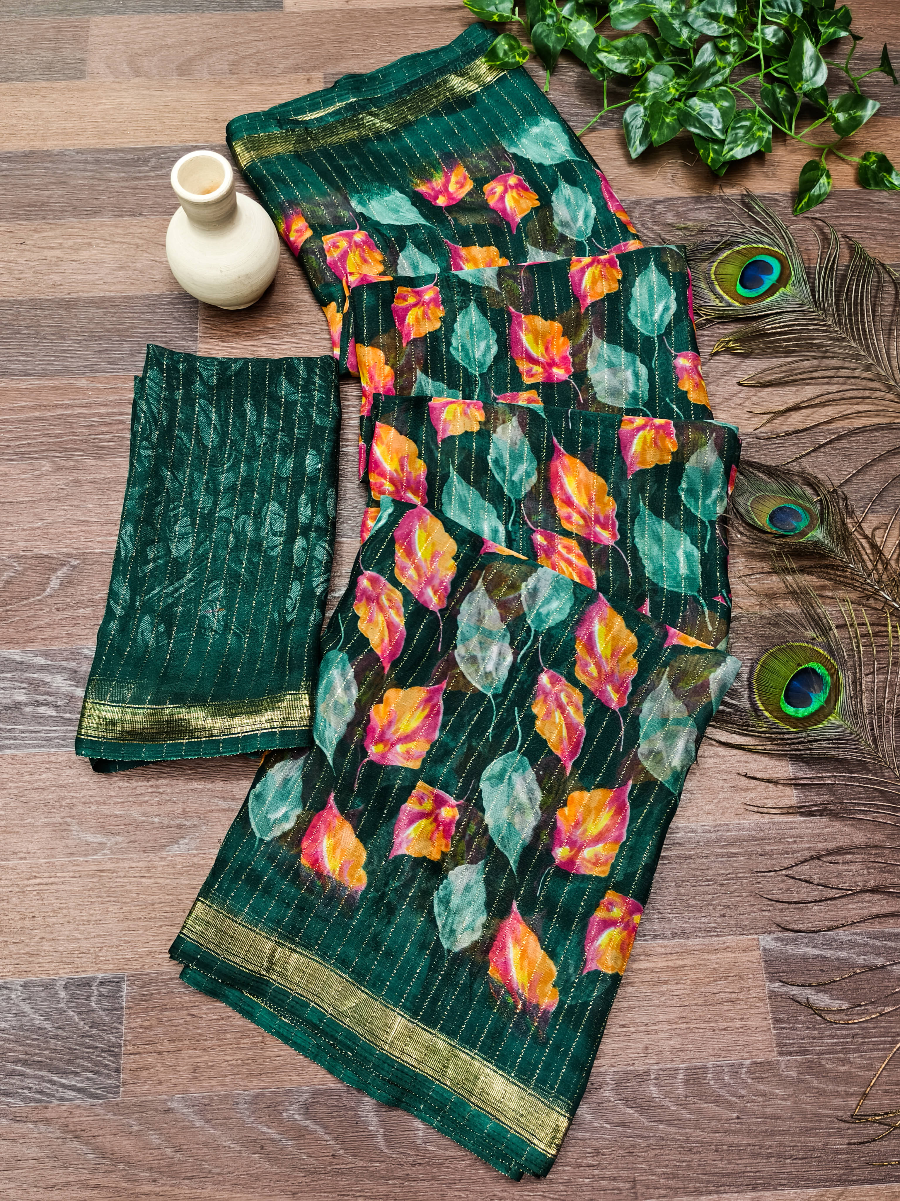     			ANAND SAREES Georgette Printed Kasavu Saree With Unstitched Blouse Piece ( Green )
