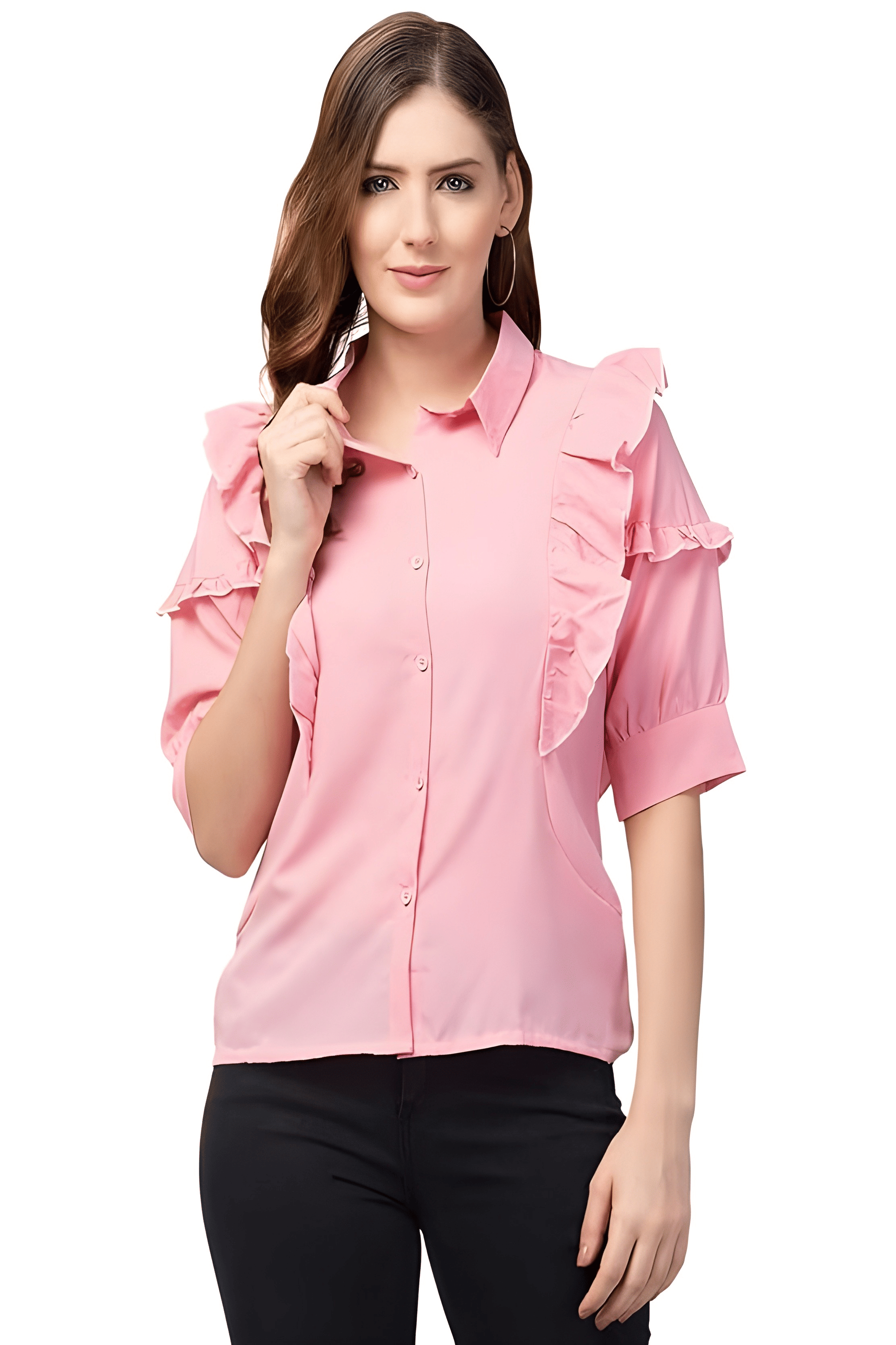 ATIMUNA Women Solid Poly Crepe Shirt ( Pink ) ATIMUNA Women Solid Poly Crepe Shirt ( Pink )