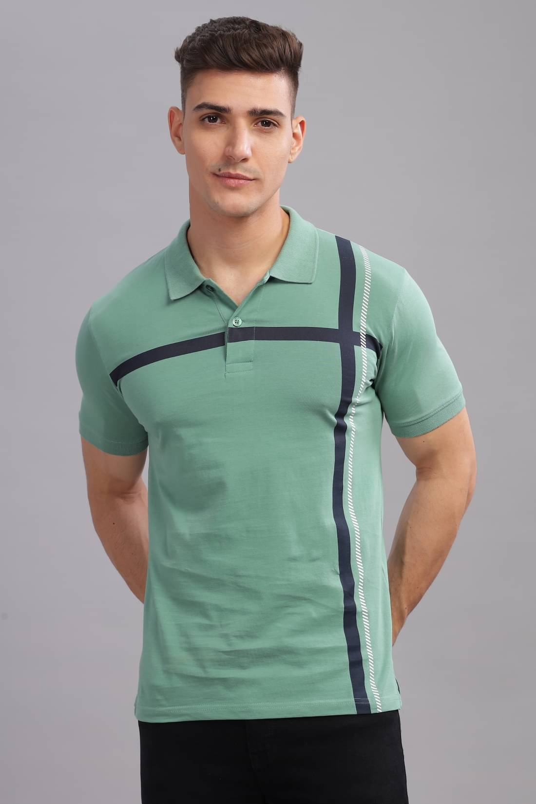     			Adro Men Cotton Blend Regular Fit Printed Polo T Shirt ( Light Green )