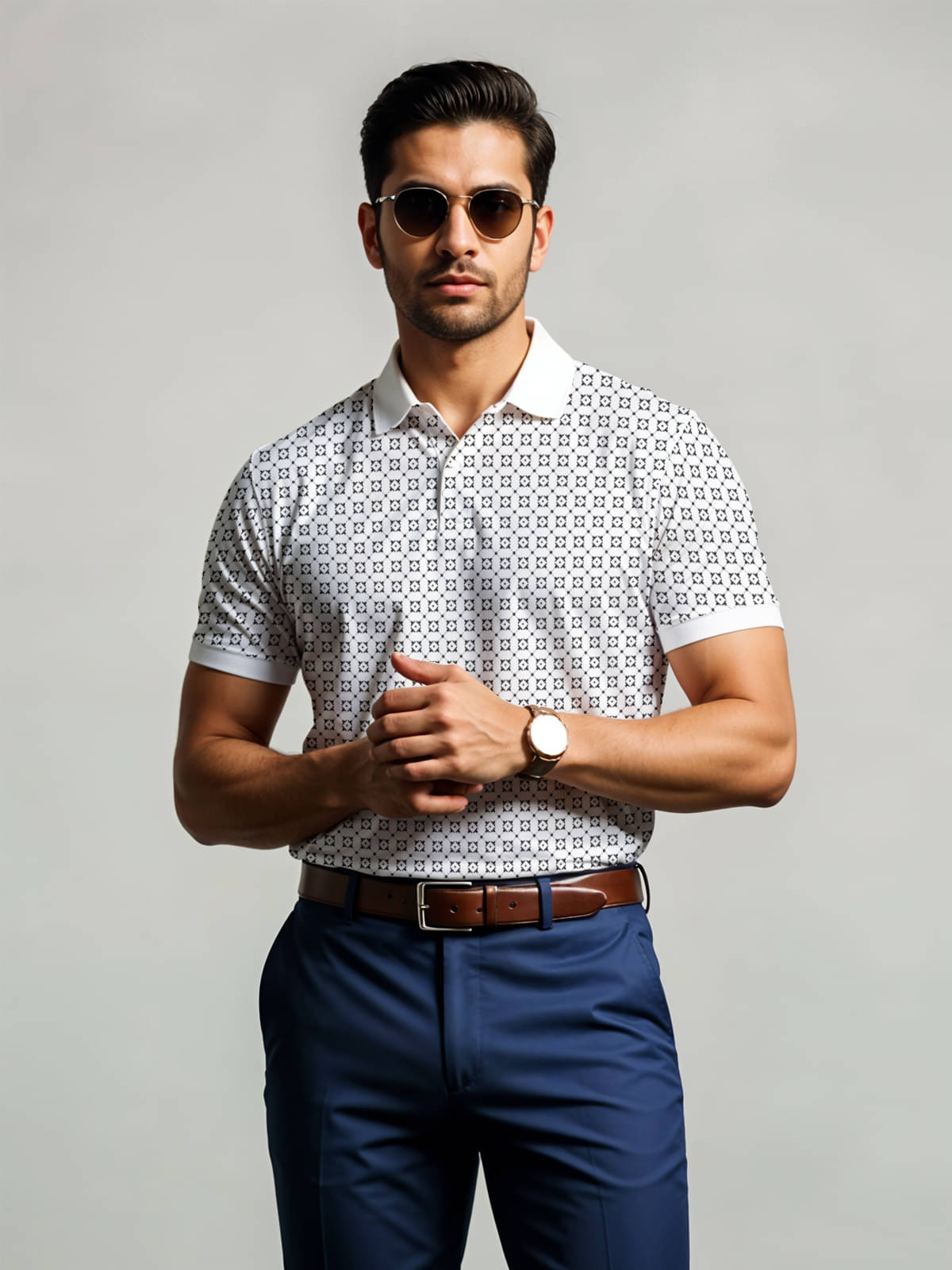     			Adro Men Cotton Blend Regular Fit Printed Polo T Shirt ( Ecru White )
