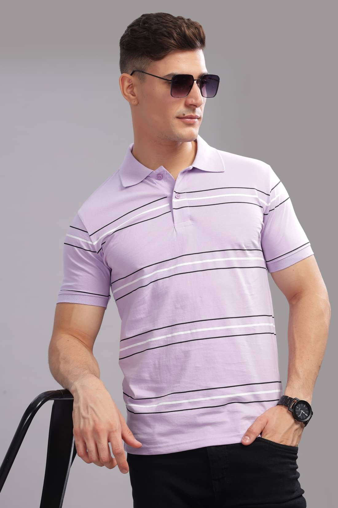     			Adro Men Cotton Blend Regular Fit Printed Polo T Shirt ( Purple )